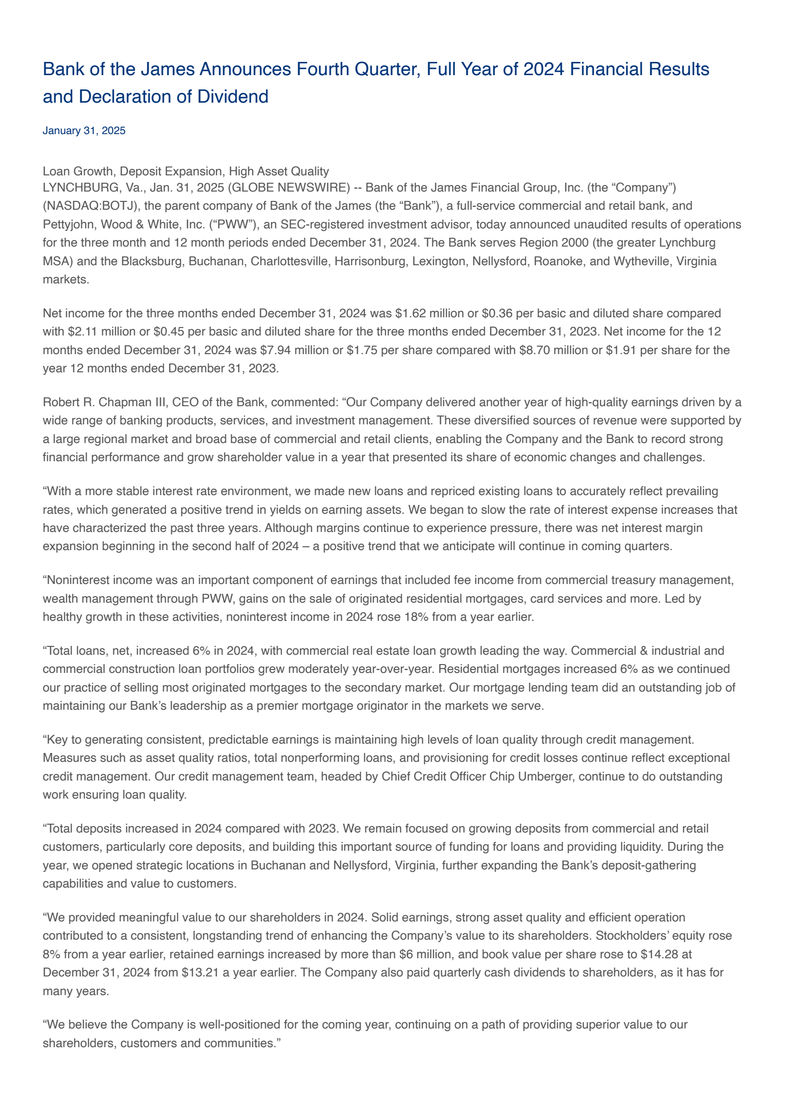 Bank of the James Financial Group's Q4 2024 Press Release