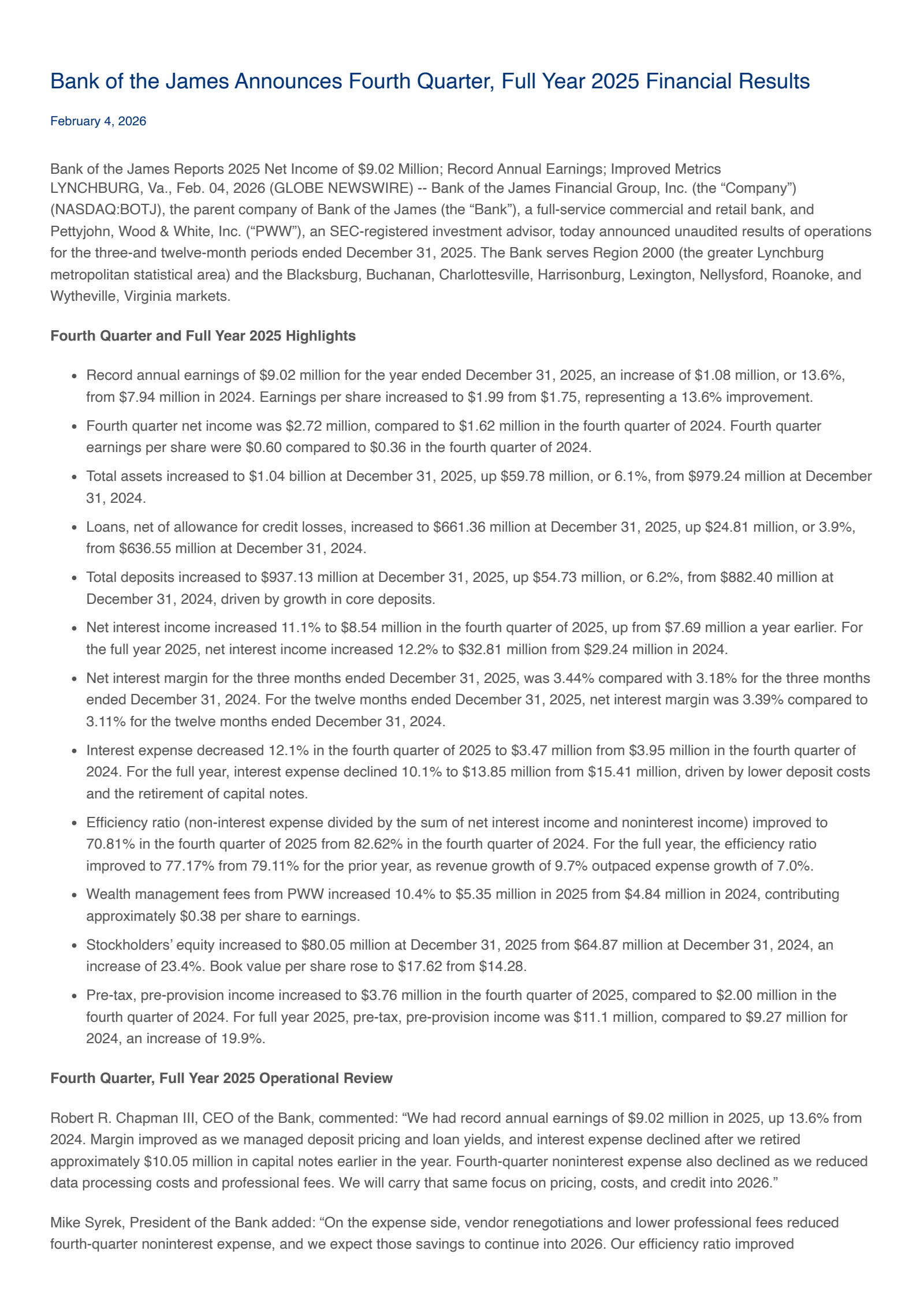 Bank of the James Financial Group's Q4 2025 Press Release