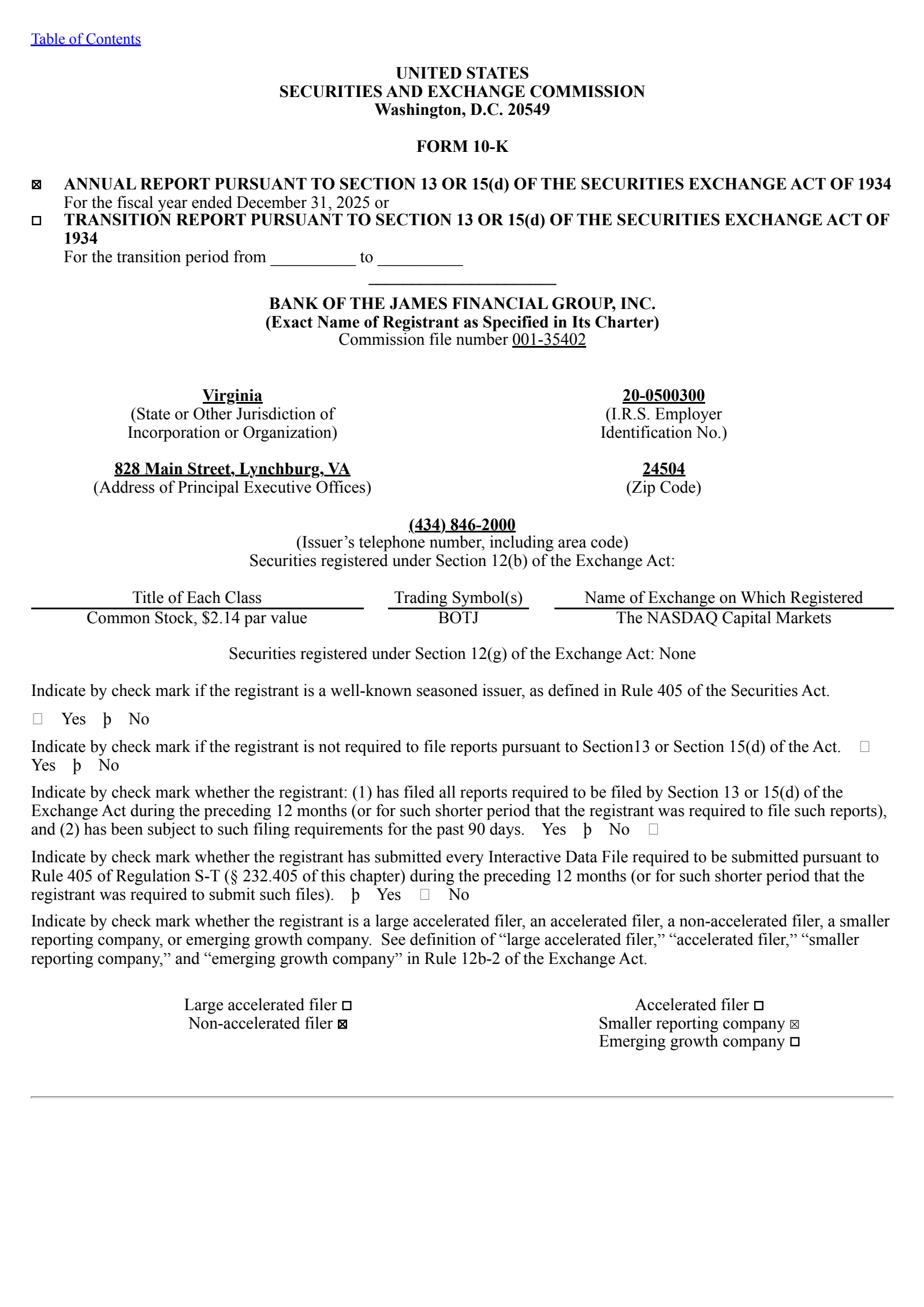 Bank of the James Financial Group's Q4 2025 Annual report