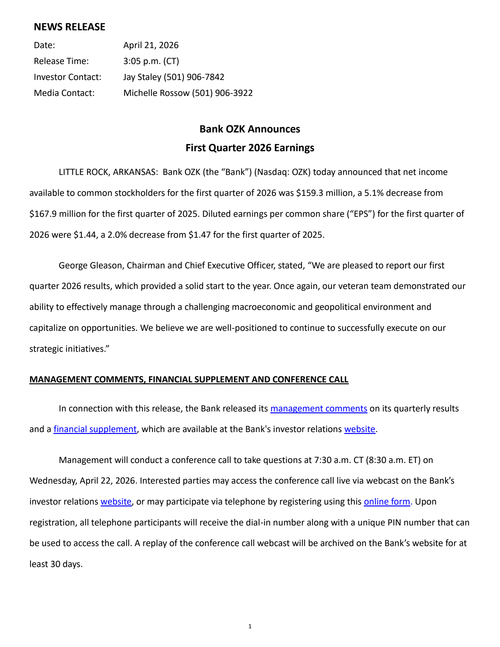Bank OZK's Q1 2026 Press Release