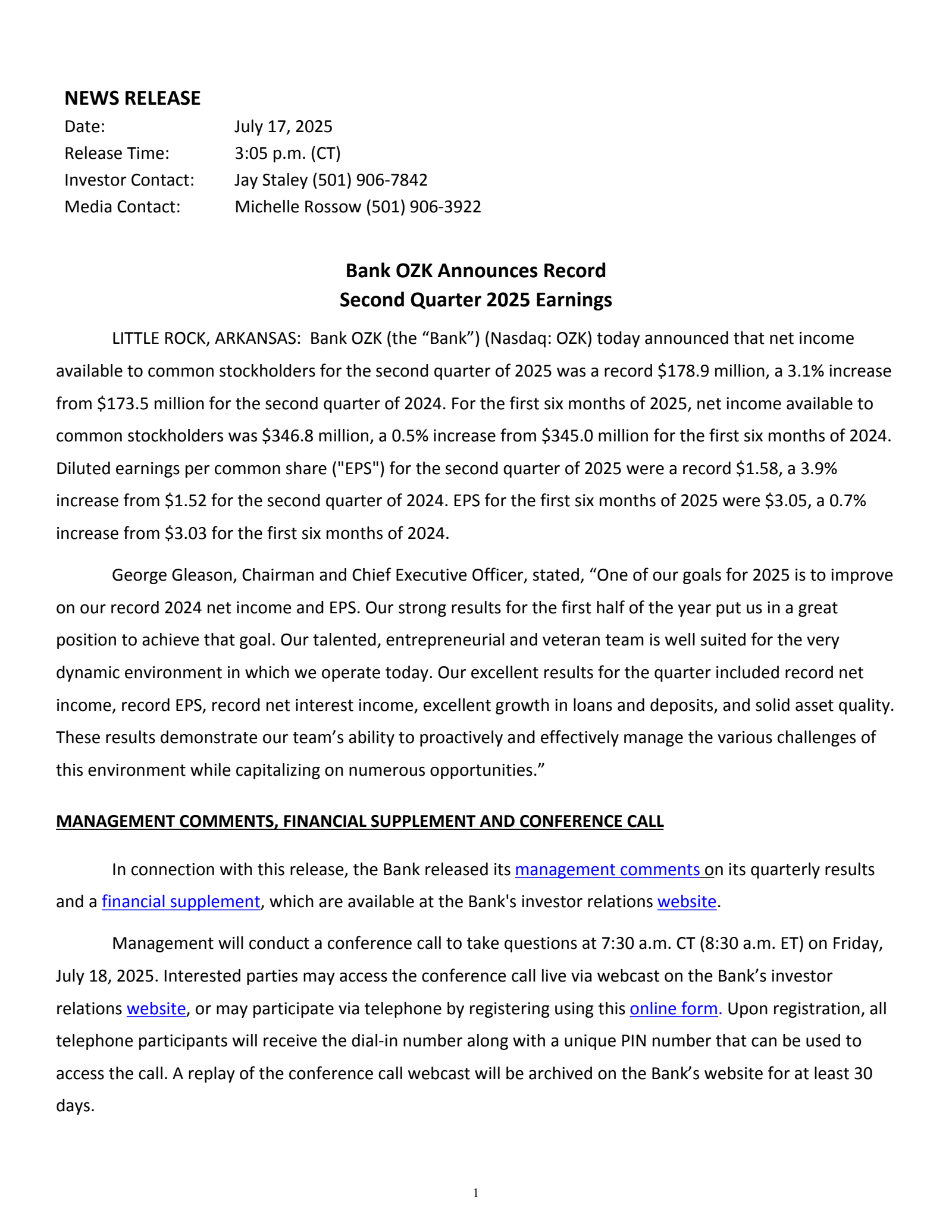 Bank OZK's Q2 2025 Press Release
