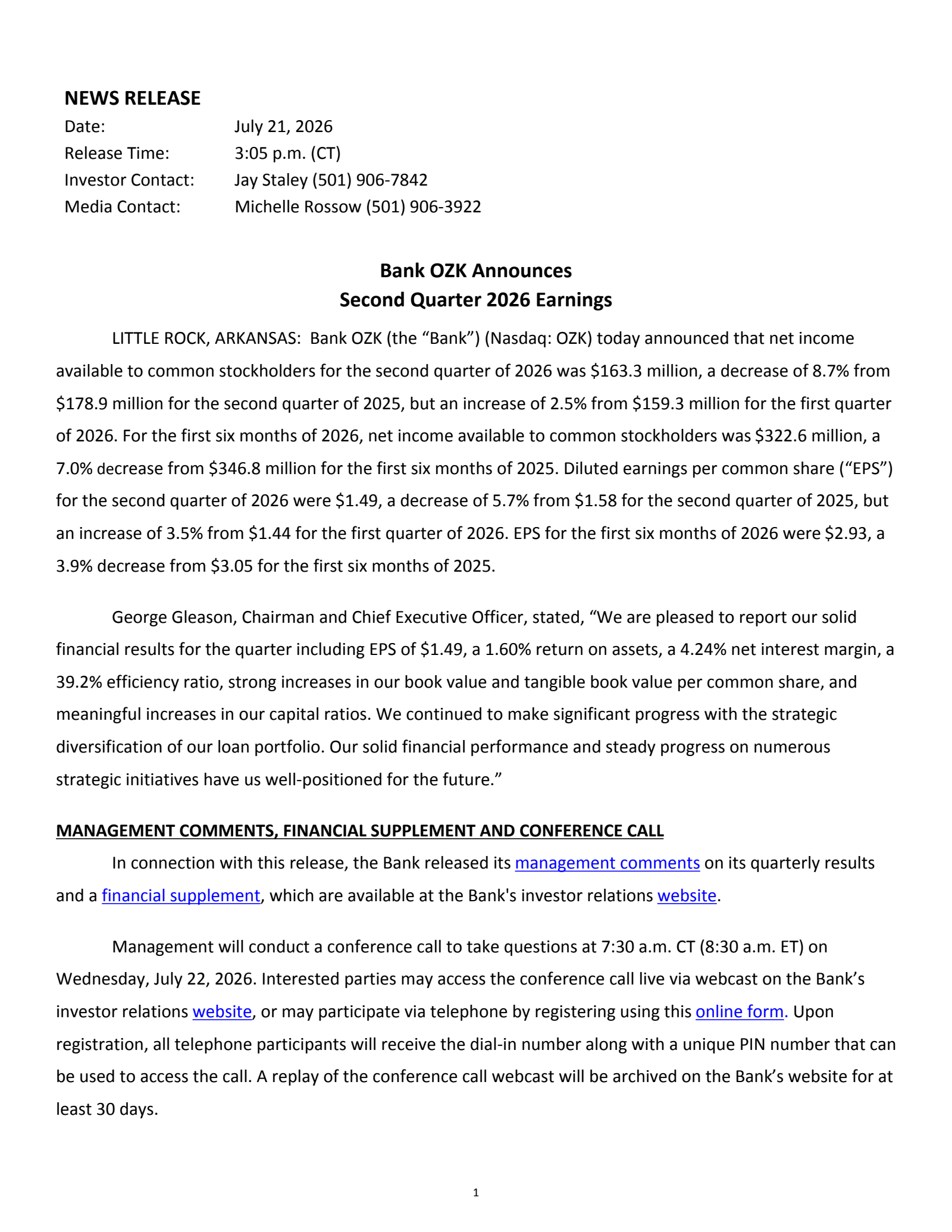 Bank OZK's Q2 2026 Press Release