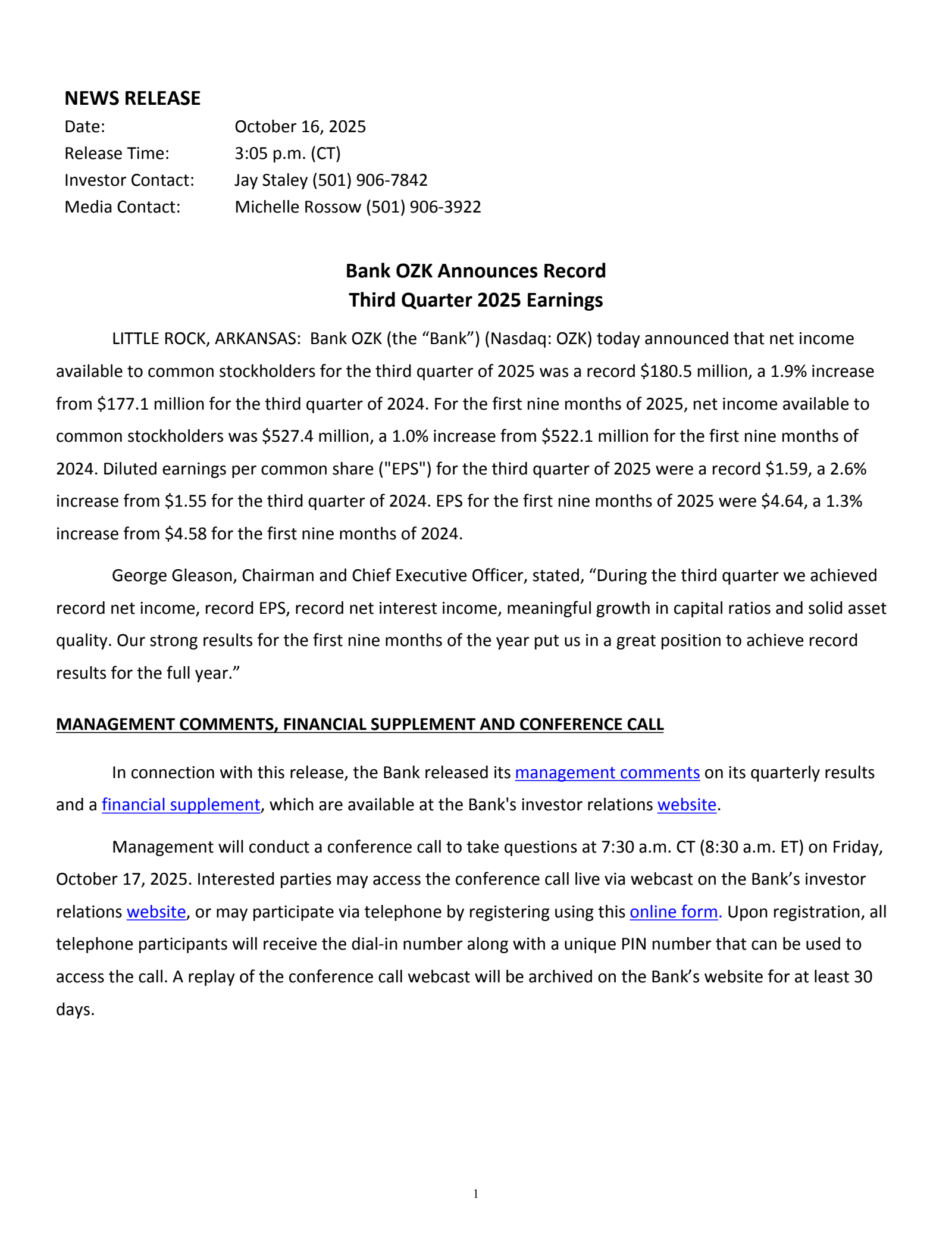 Bank OZK's Q3 2025 Earnings Release