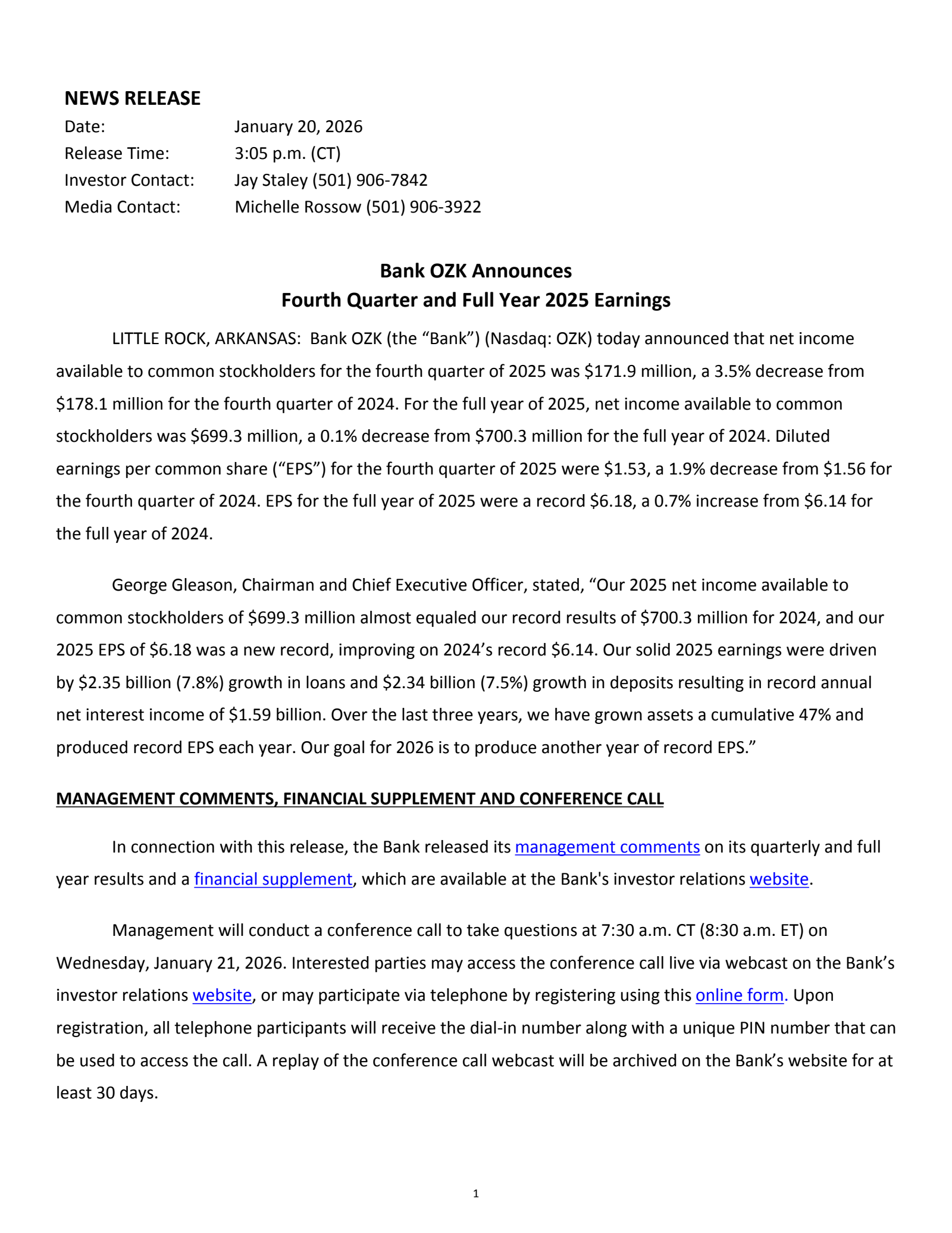 Bank OZK's Q4 2025 Press Release