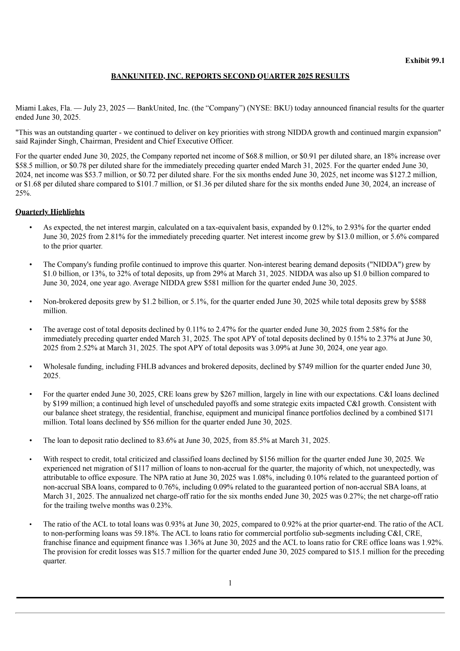 BankUnited's Q2 2025 Press Release