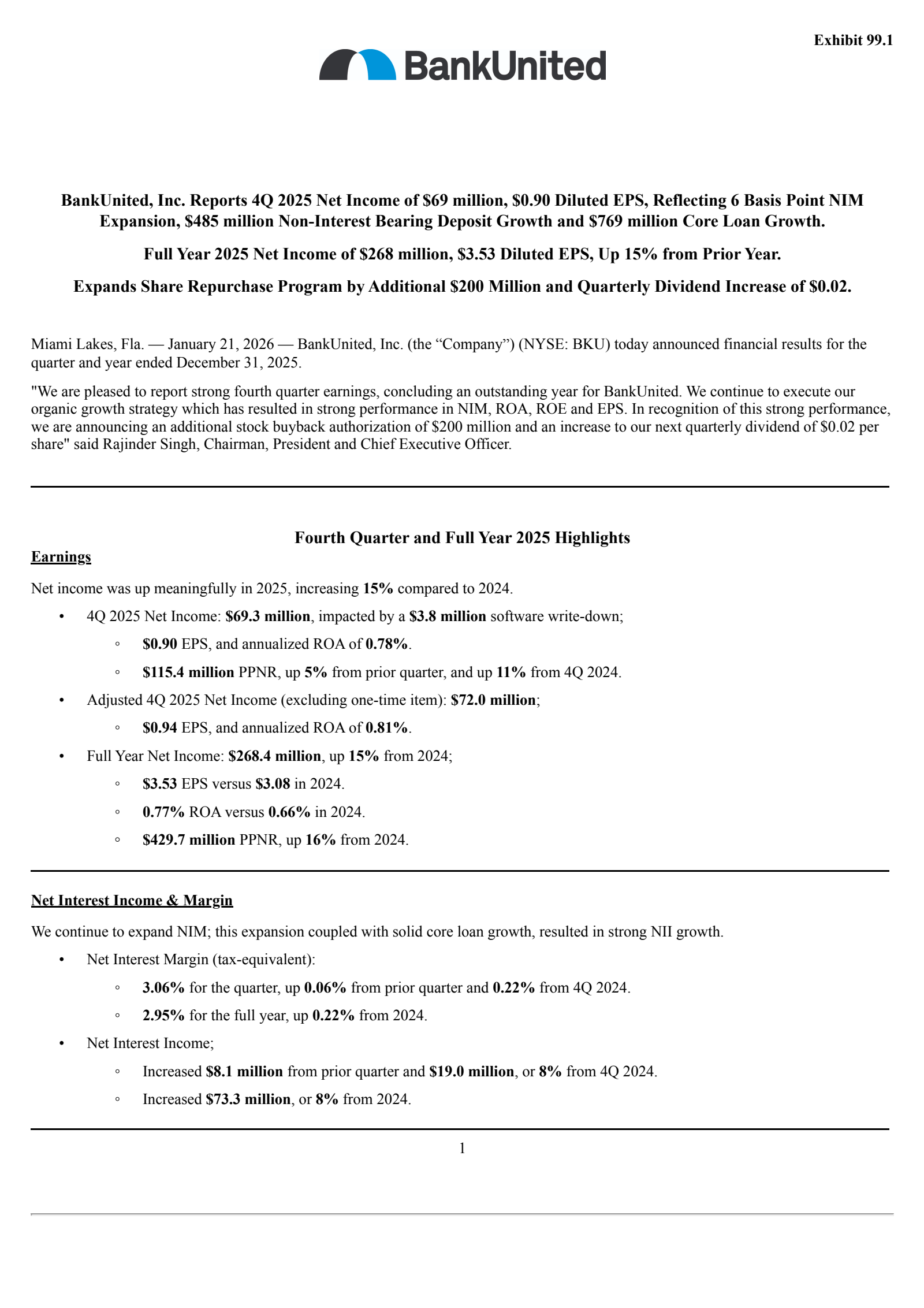 BankUnited's Q4 2025 Press Release