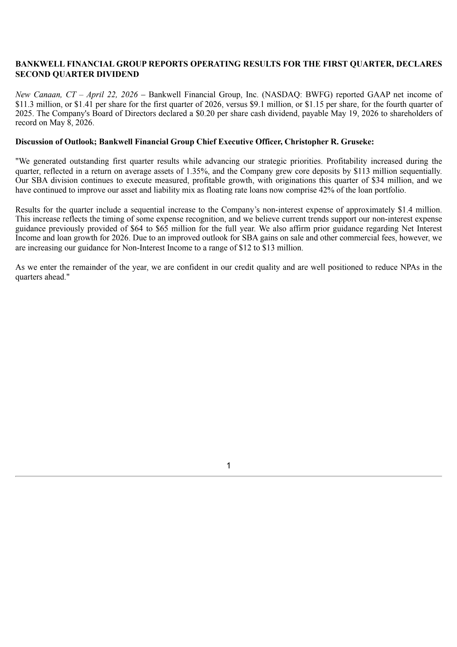 Bankwell Financial Group's Q1 2026 Press Release