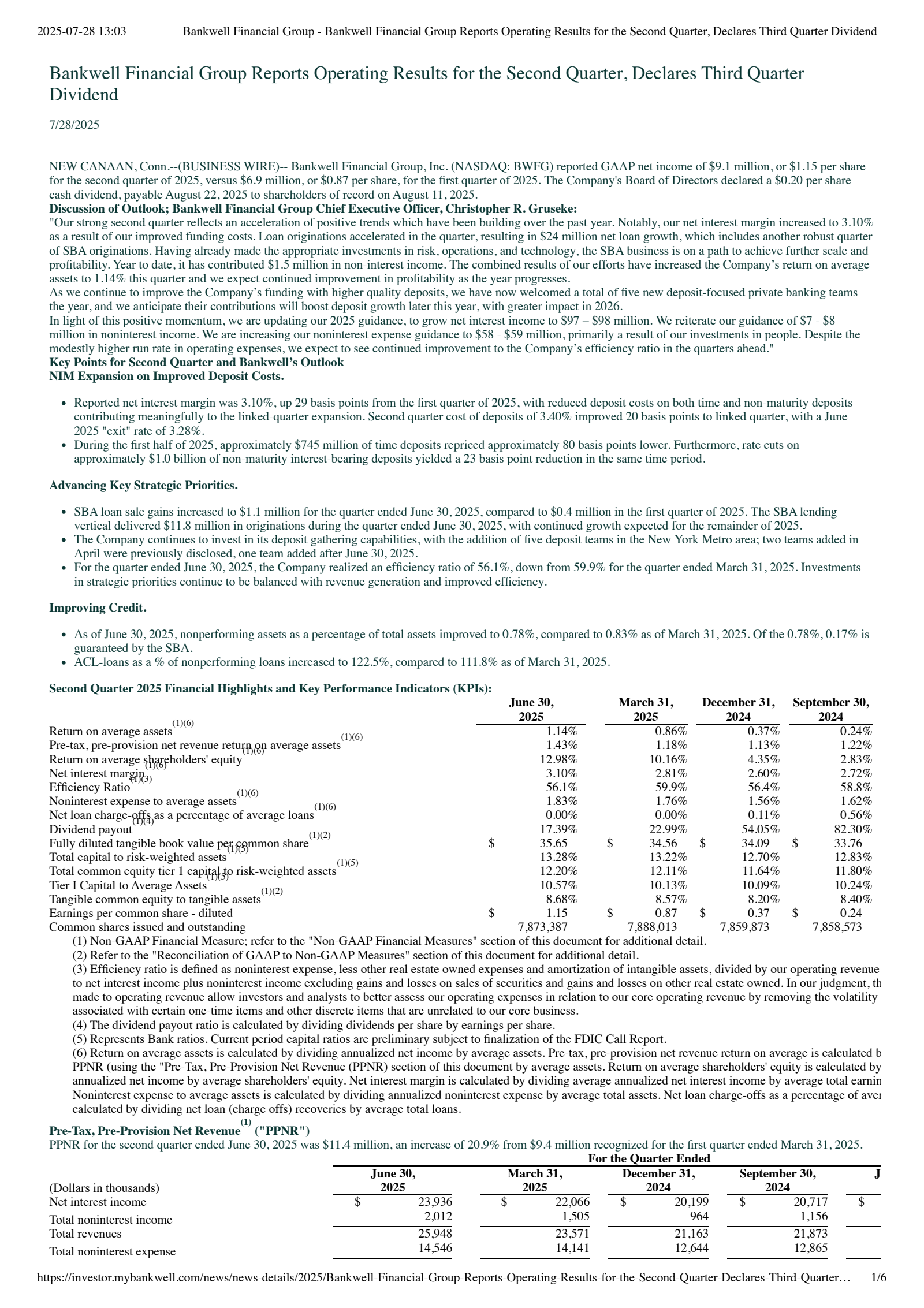 Bankwell Financial Group's Q2 2025 Press Release