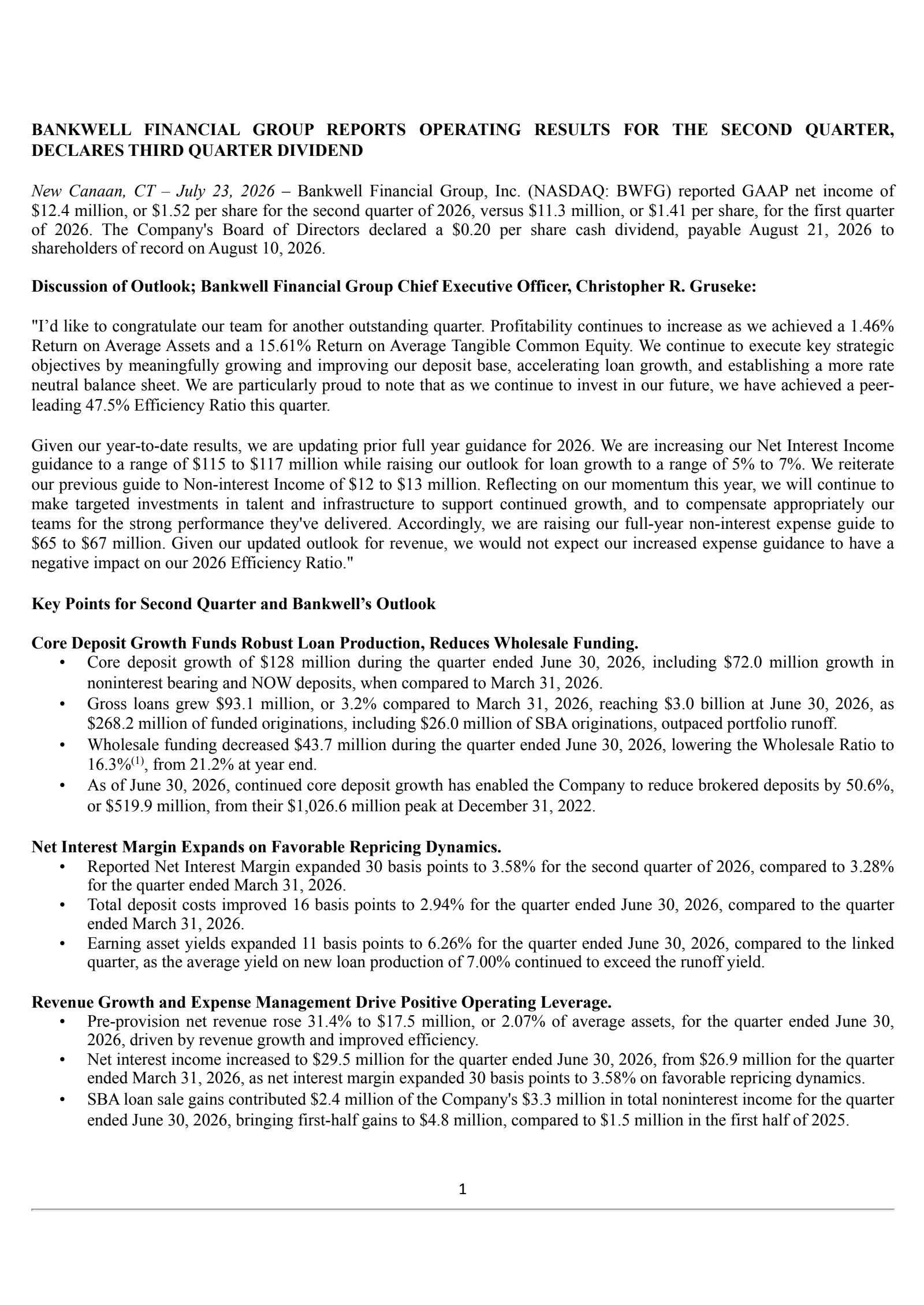 Bankwell Financial Group's Q2 2026 Press Release