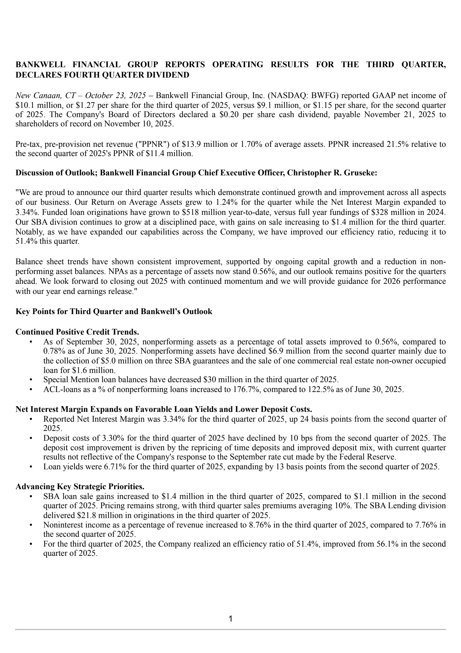Bankwell Financial Group's Q3 2025 Earnings Release