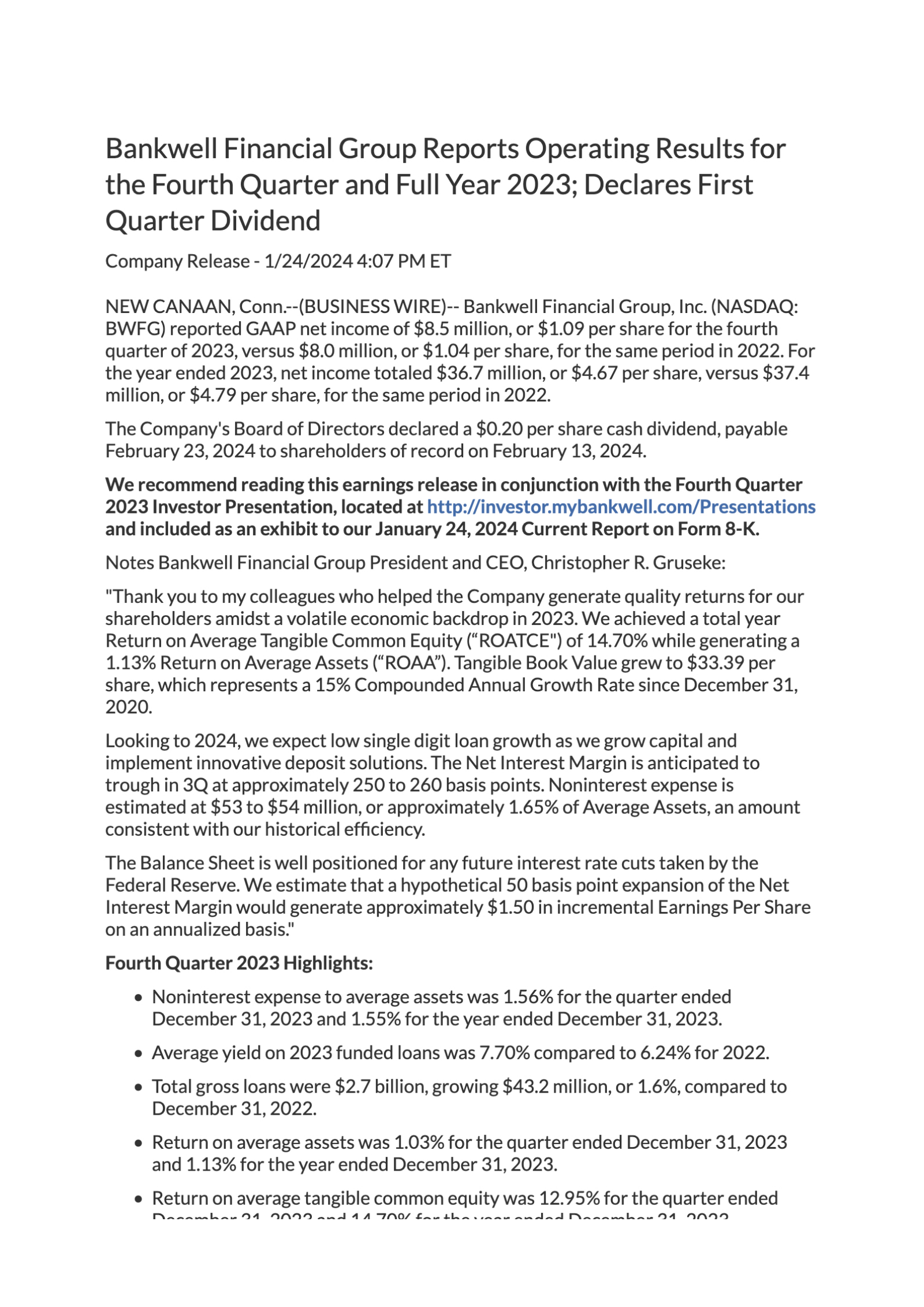 Bankwell Financial Group's Q4 2023 Press Release