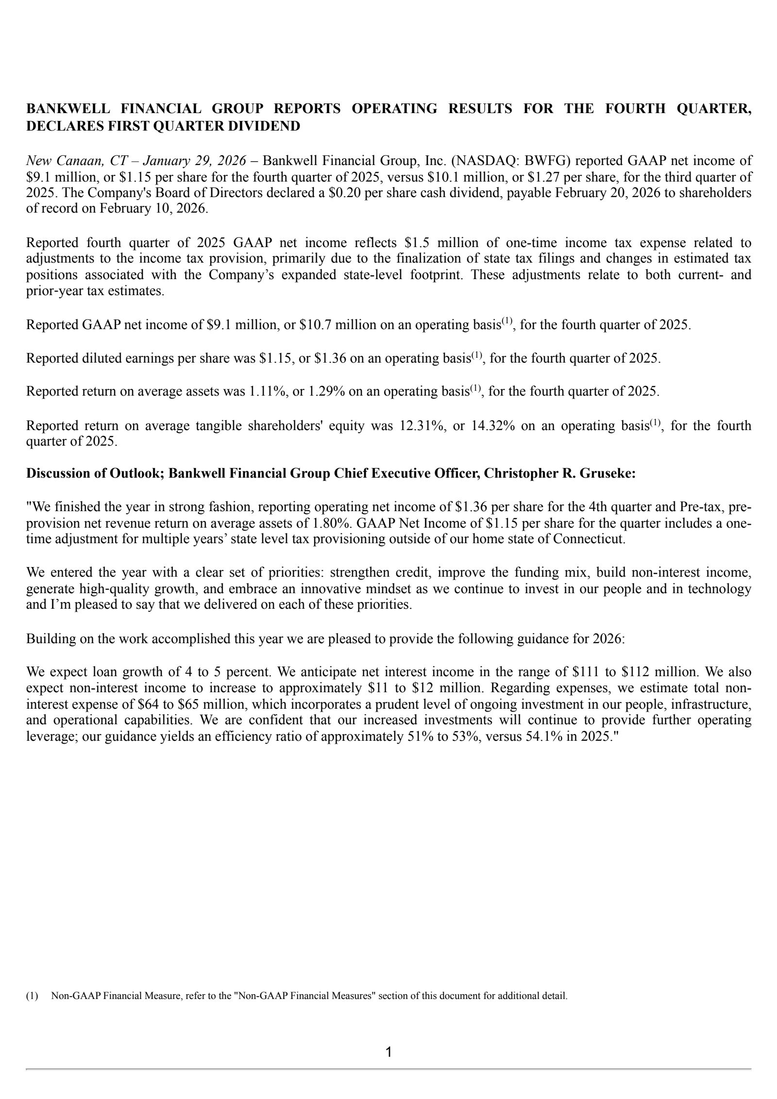 Bankwell Financial Group's Q4 2025 Press Release