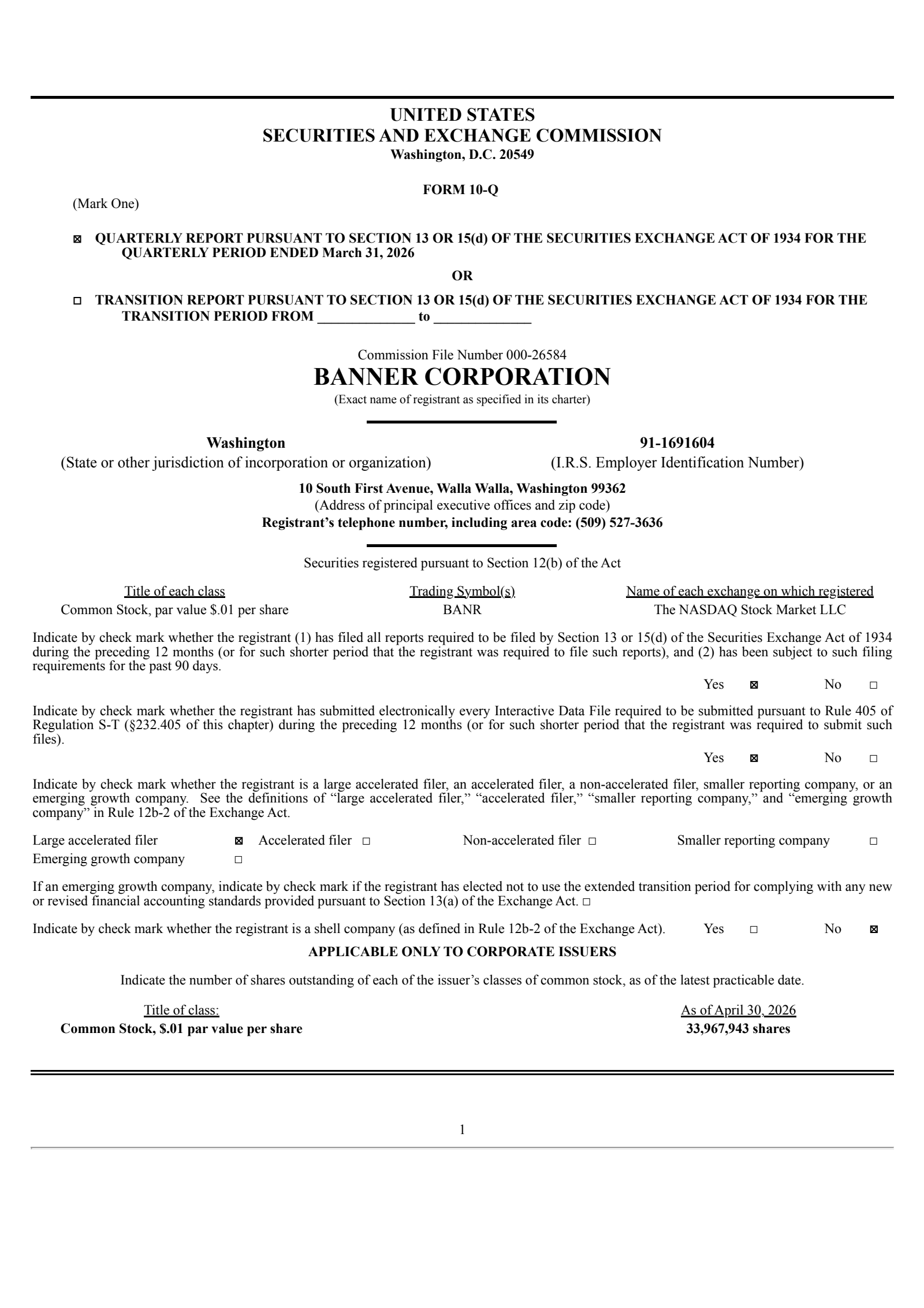 Banner's Q1 2026 Quarterly report