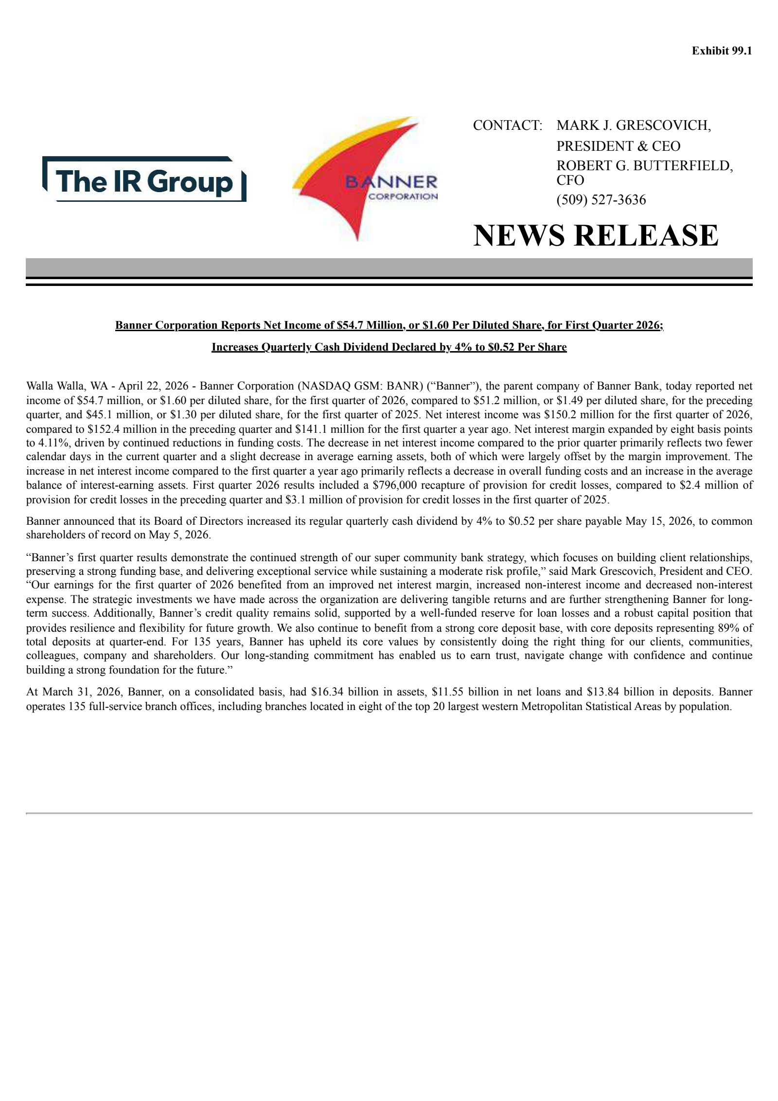 Banner's Q1 2026 Press Release