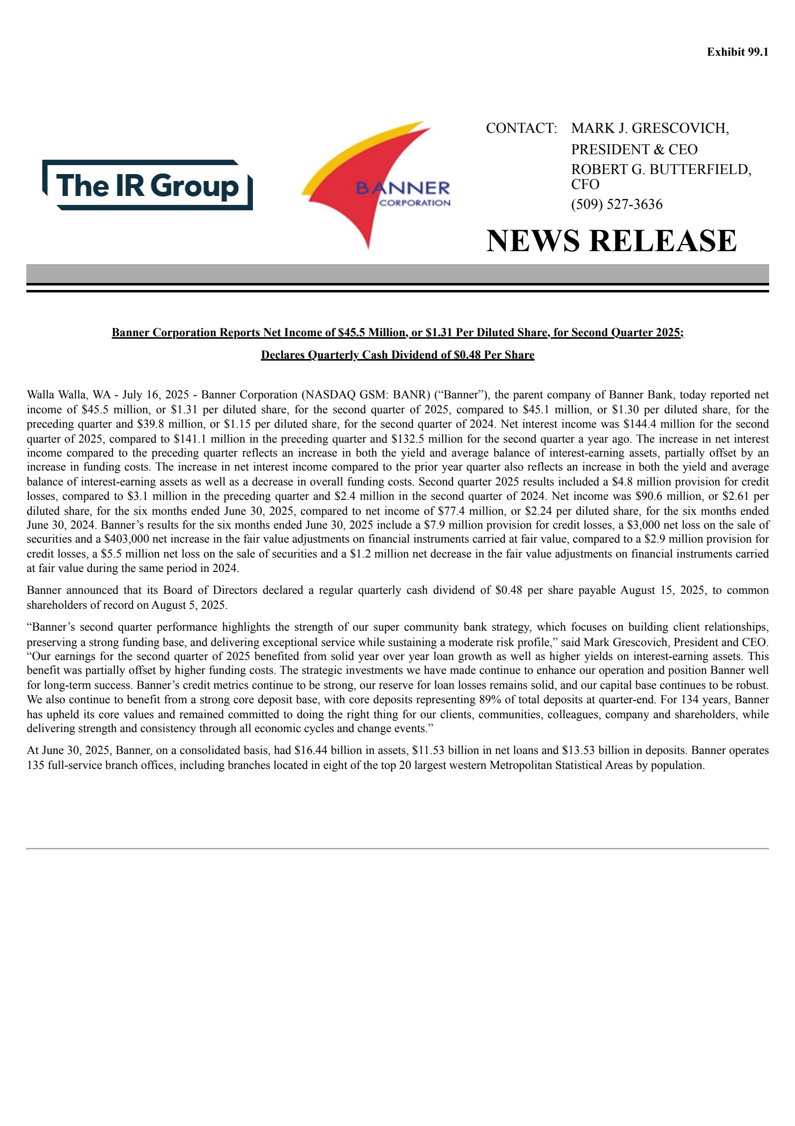 Banner's Q2 2025 Press Release