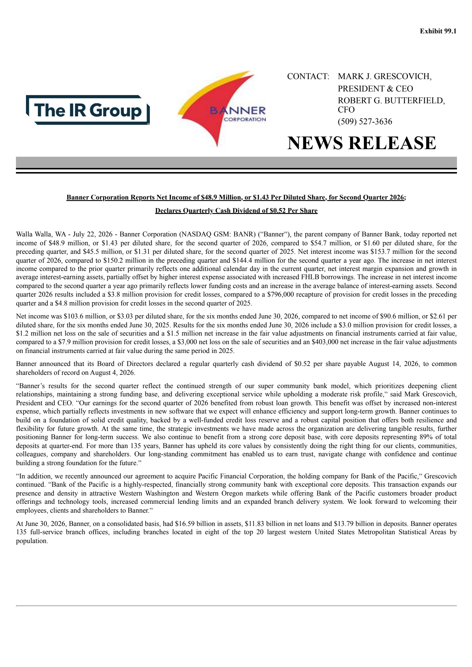 Banner's Q2 2026 Press Release