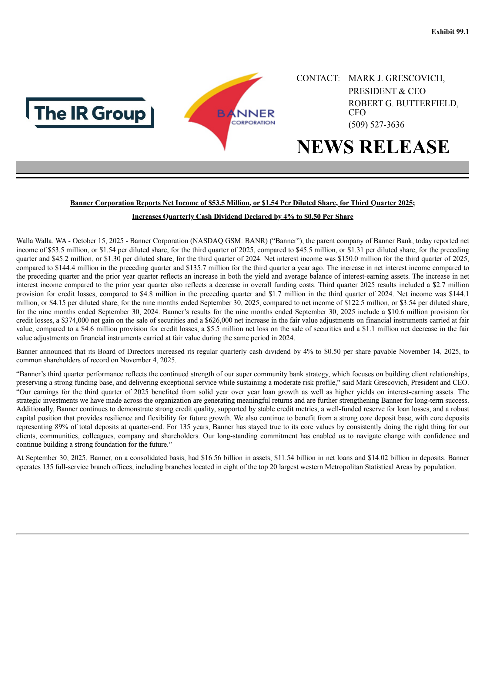 Banner's Q3 2025 Earnings Release