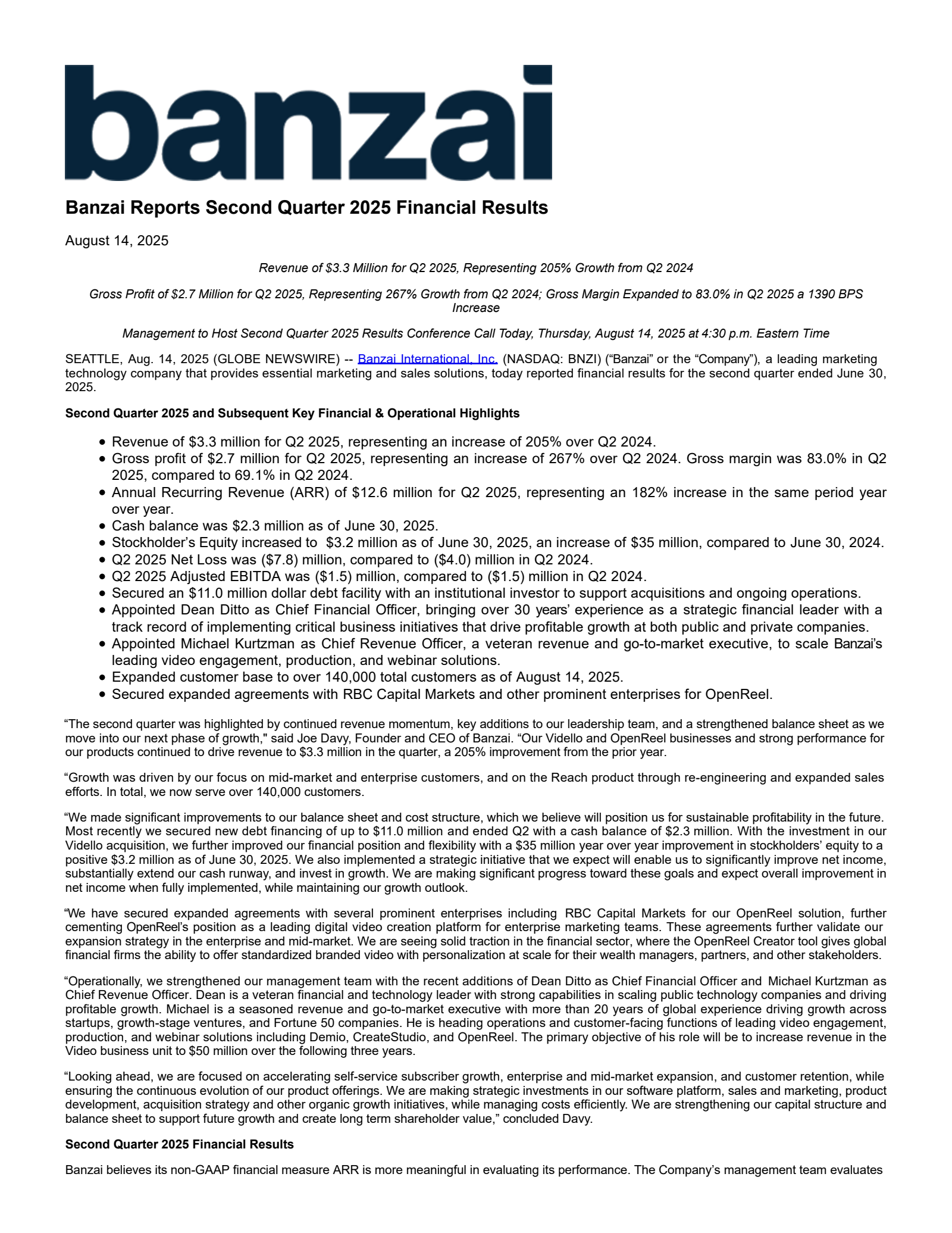 Banzai International's Q2 2025 Press Release