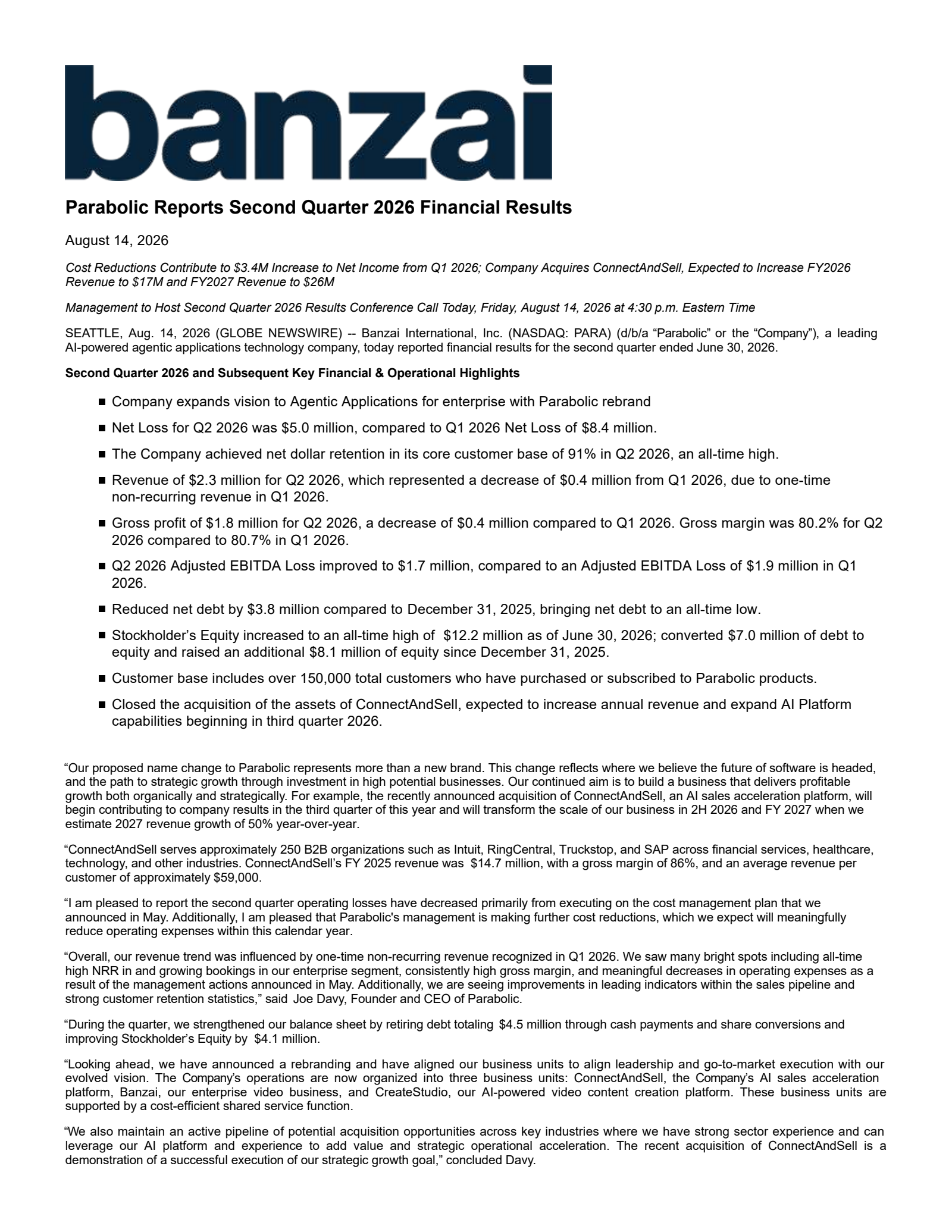 Banzai International's Q2 2026 Press Release