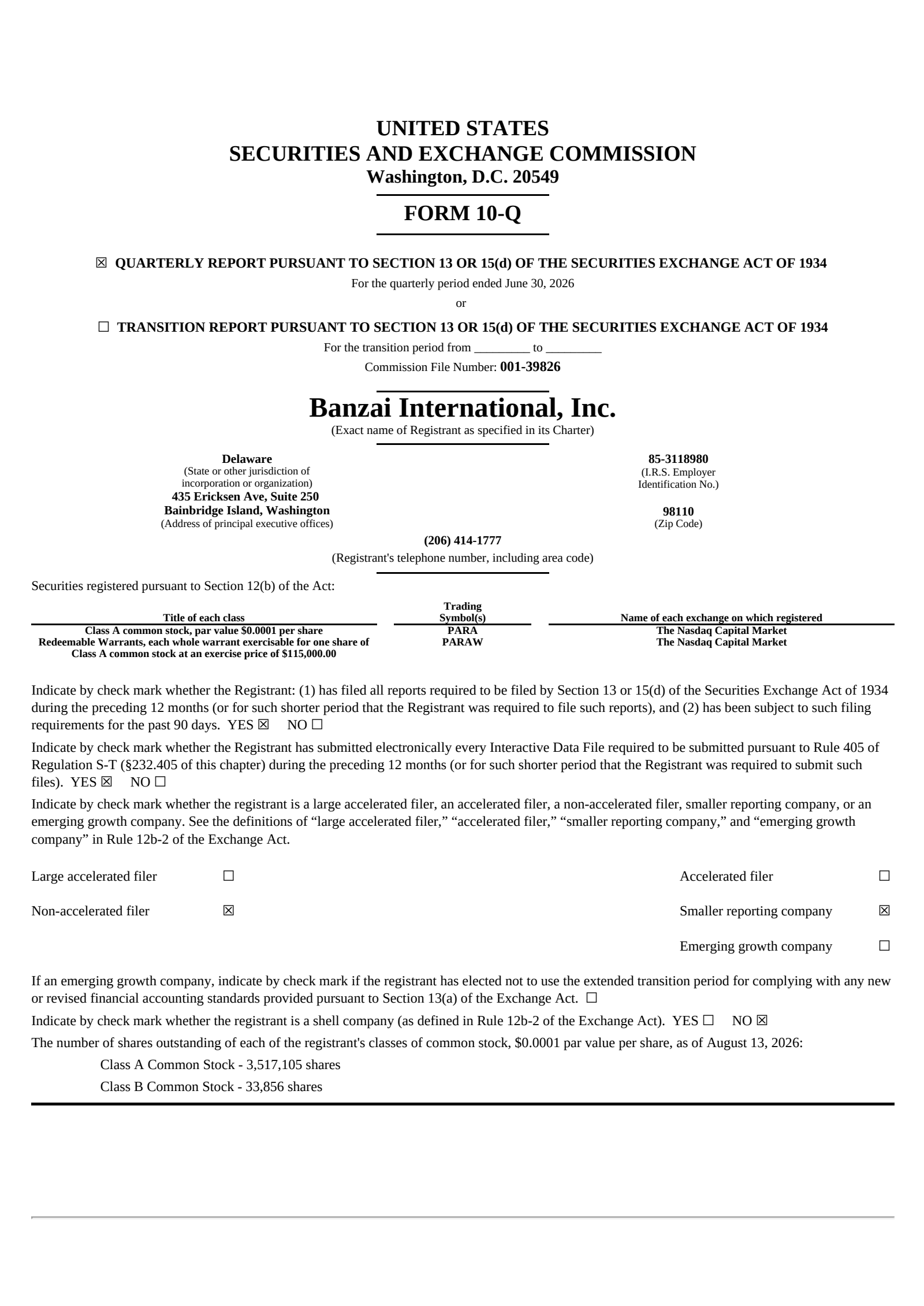 Banzai International's Q2 2026 Quarterly report