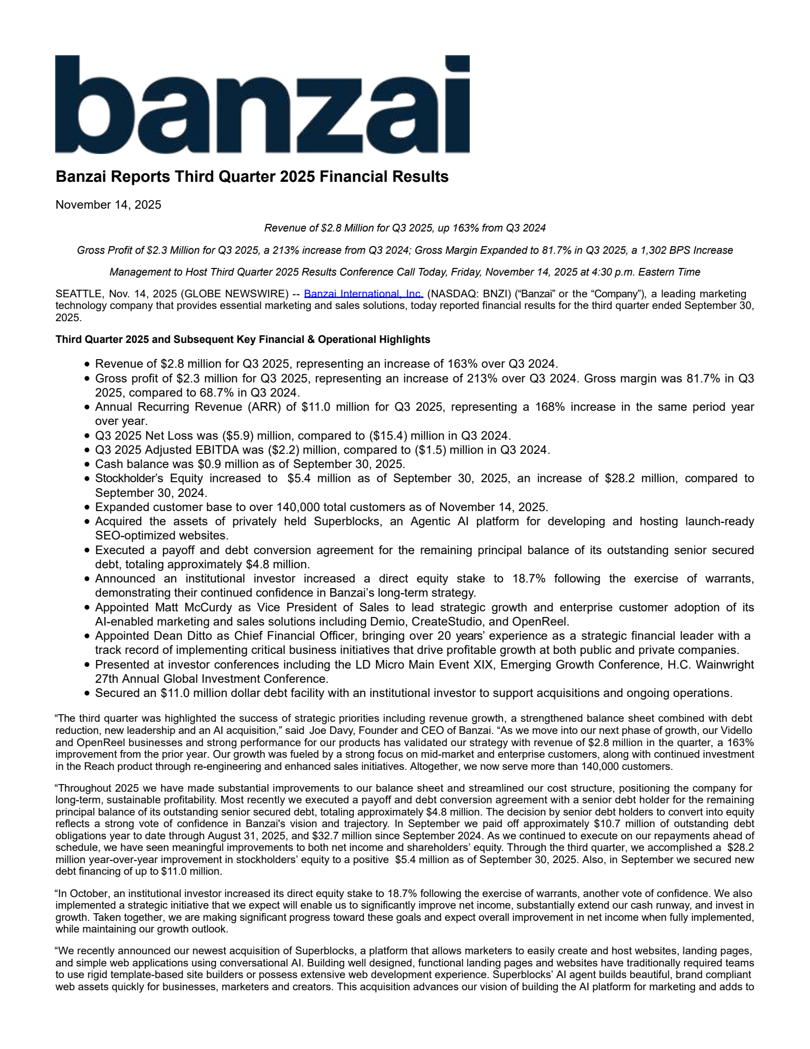 Banzai International's Q3 2025 Earnings Release