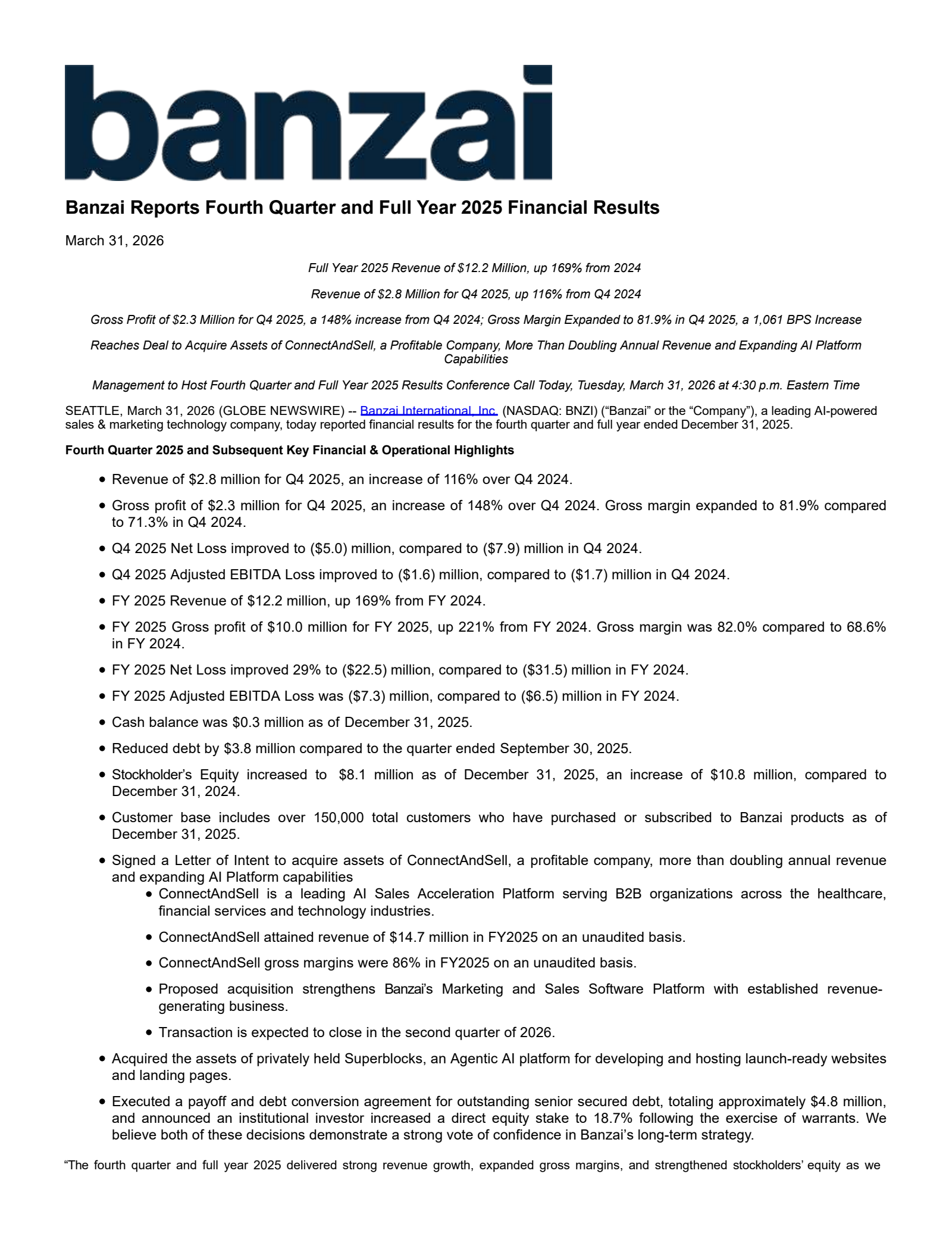 Banzai International's Q4 2025 Press Release