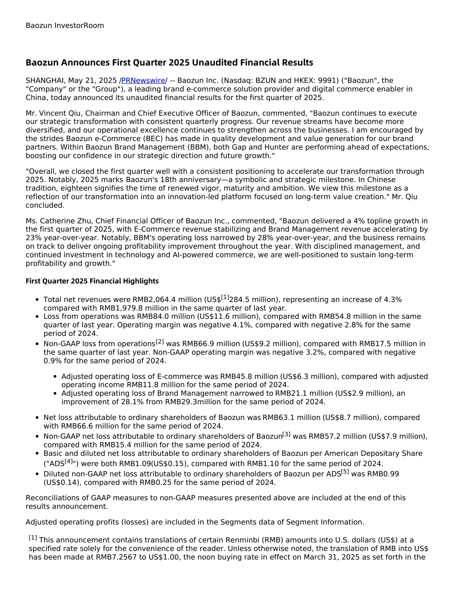 Baozun's Q1 2025 Press Release
