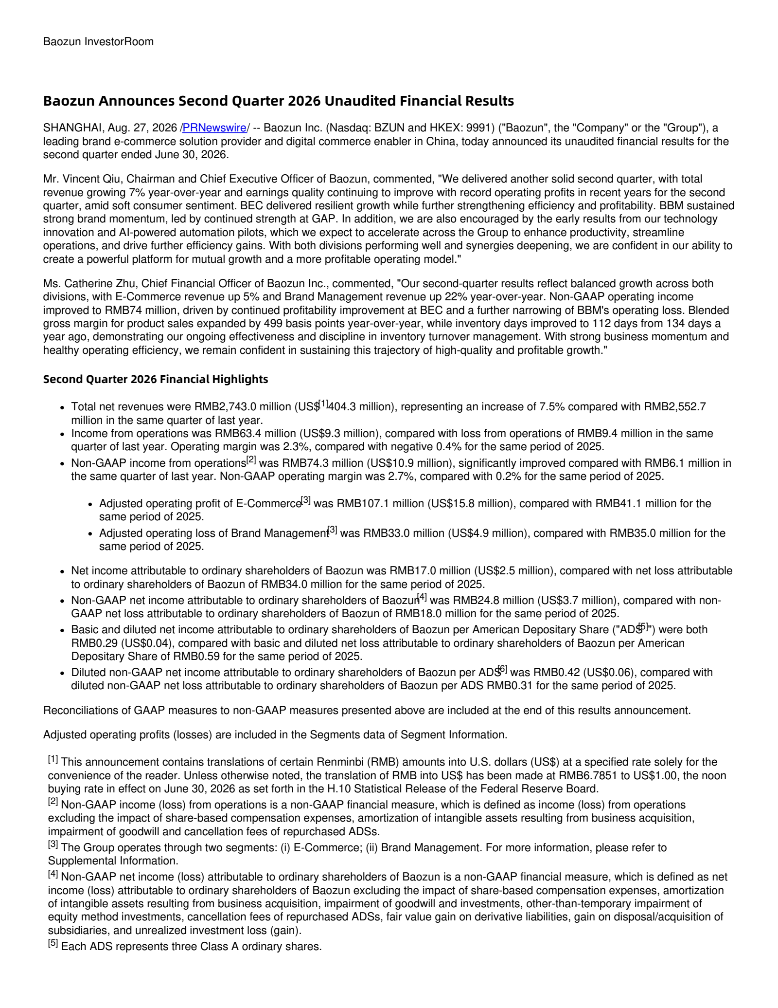 Baozun's Q2 2026 Press Release