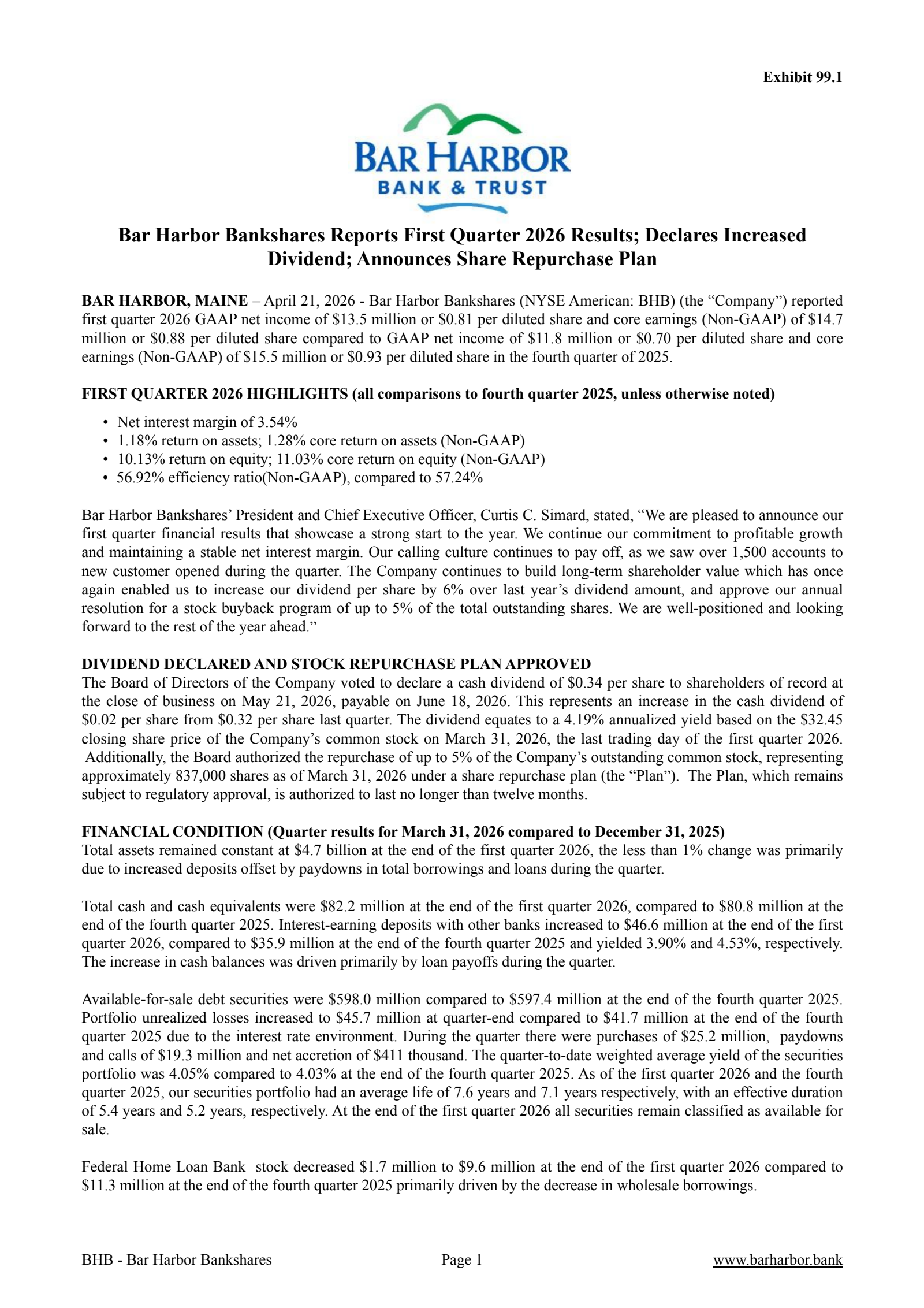 Bar Harbor Bankshares' Q1 2026 Press Release