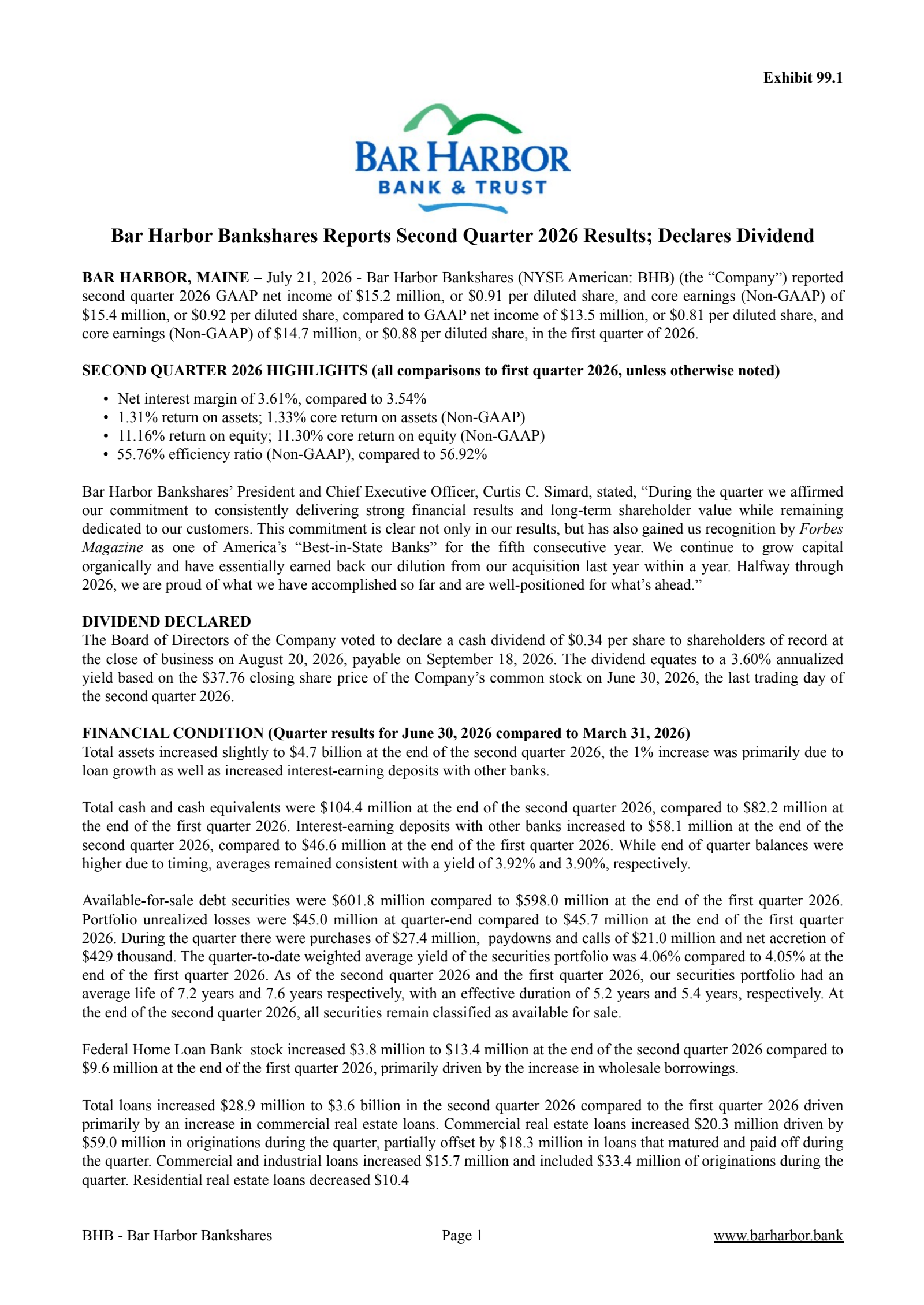 Bar Harbor Bankshares' Q2 2026 Press Release