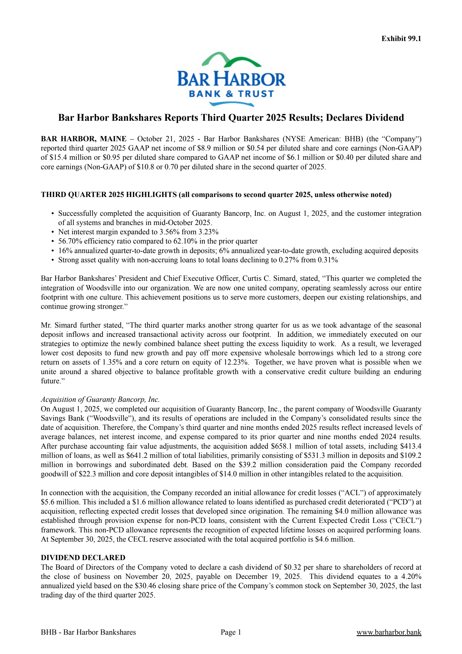 Bar Harbor Bankshares' Q3 2025 Earnings Release