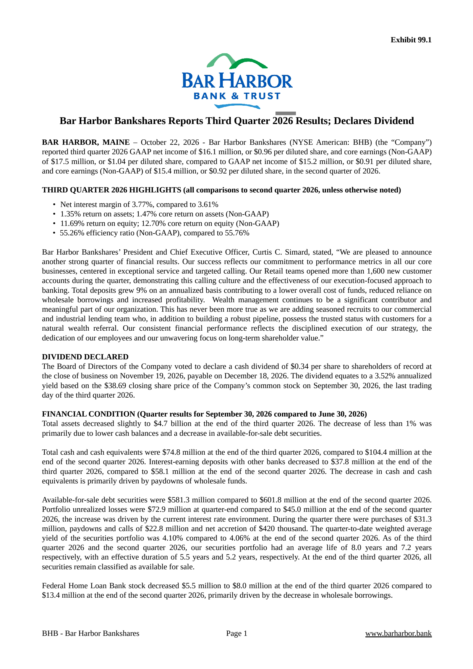 Bar Harbor Bankshares' Q3 2026 Press Release