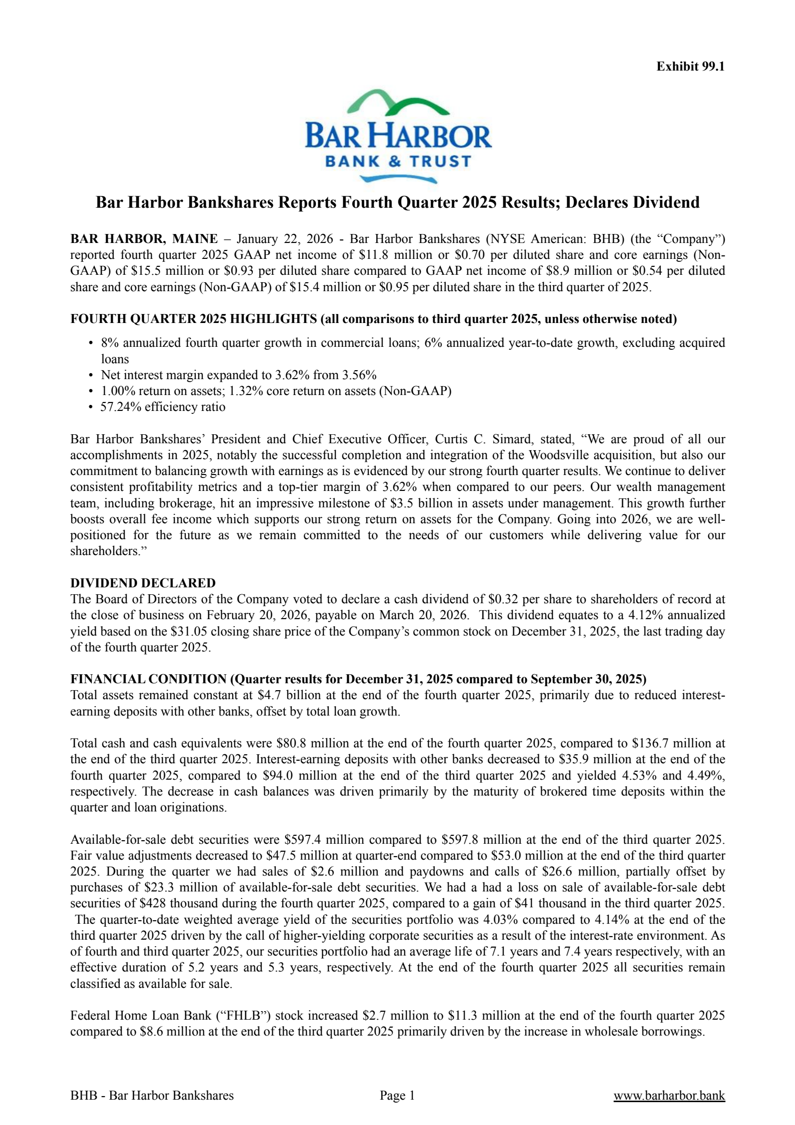 Bar Harbor Bankshares' Q4 2025 Press Release