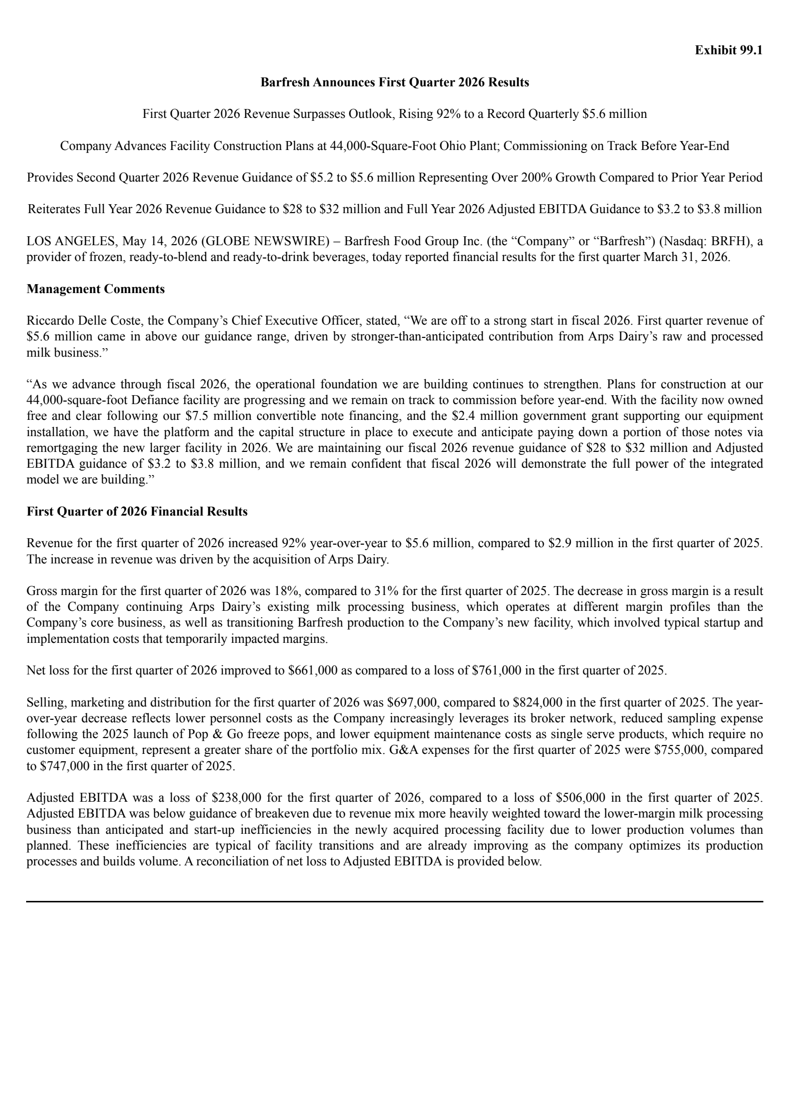 Barfresh Food Group's Q1 2026 Press Release