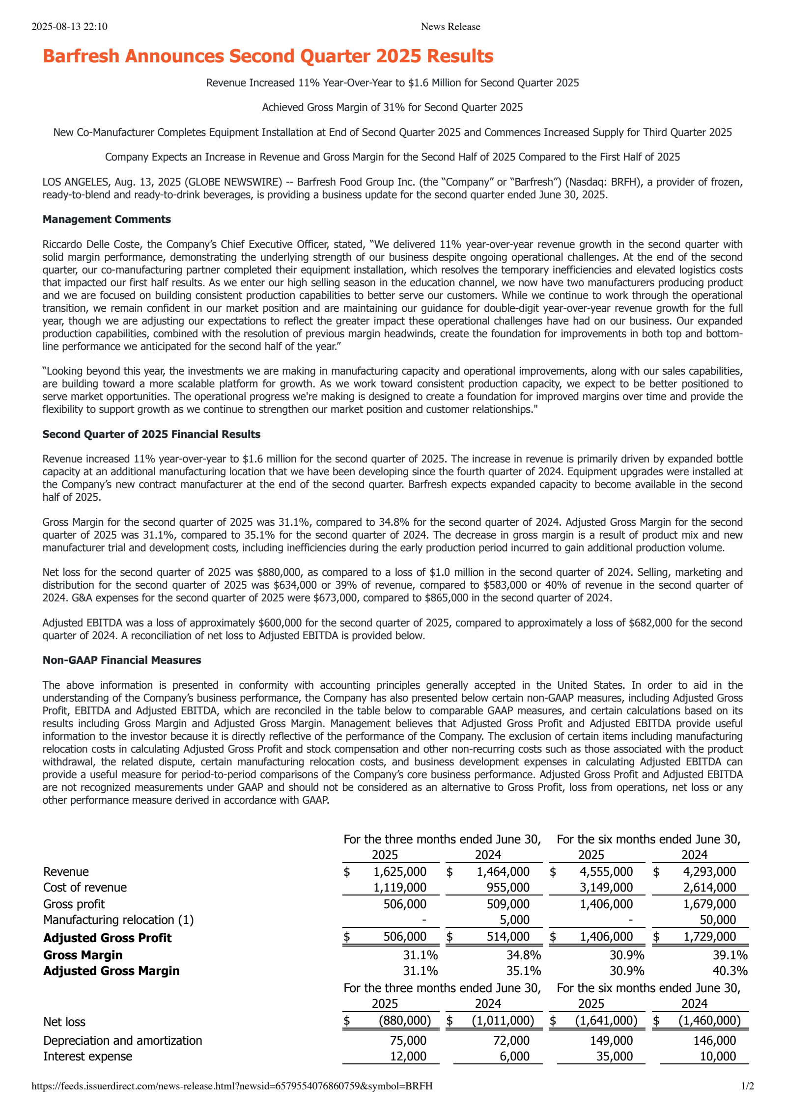 Barfresh Food Group's Q2 2025 Press Release