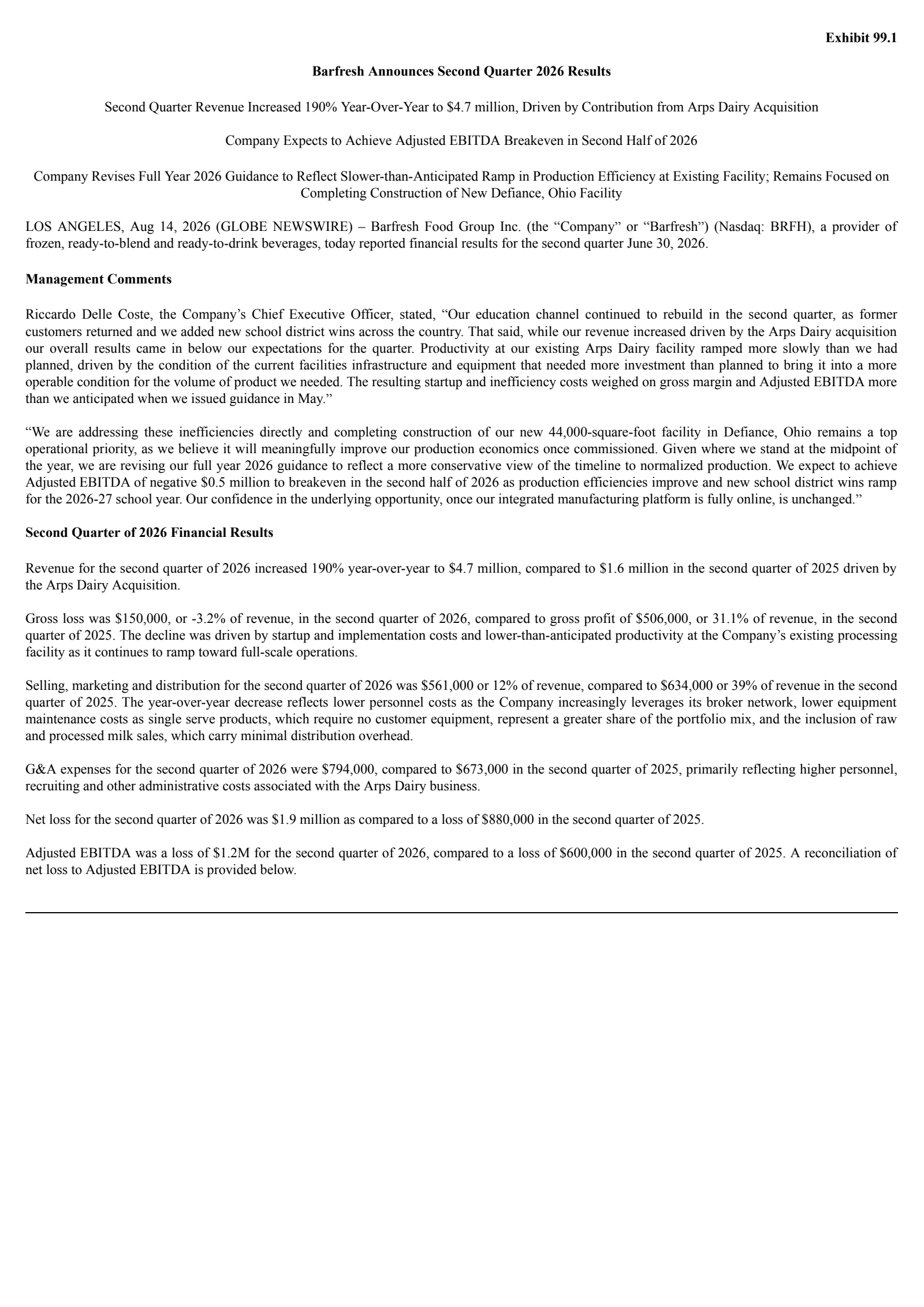 Barfresh Food Group's Q2 2026 Press Release