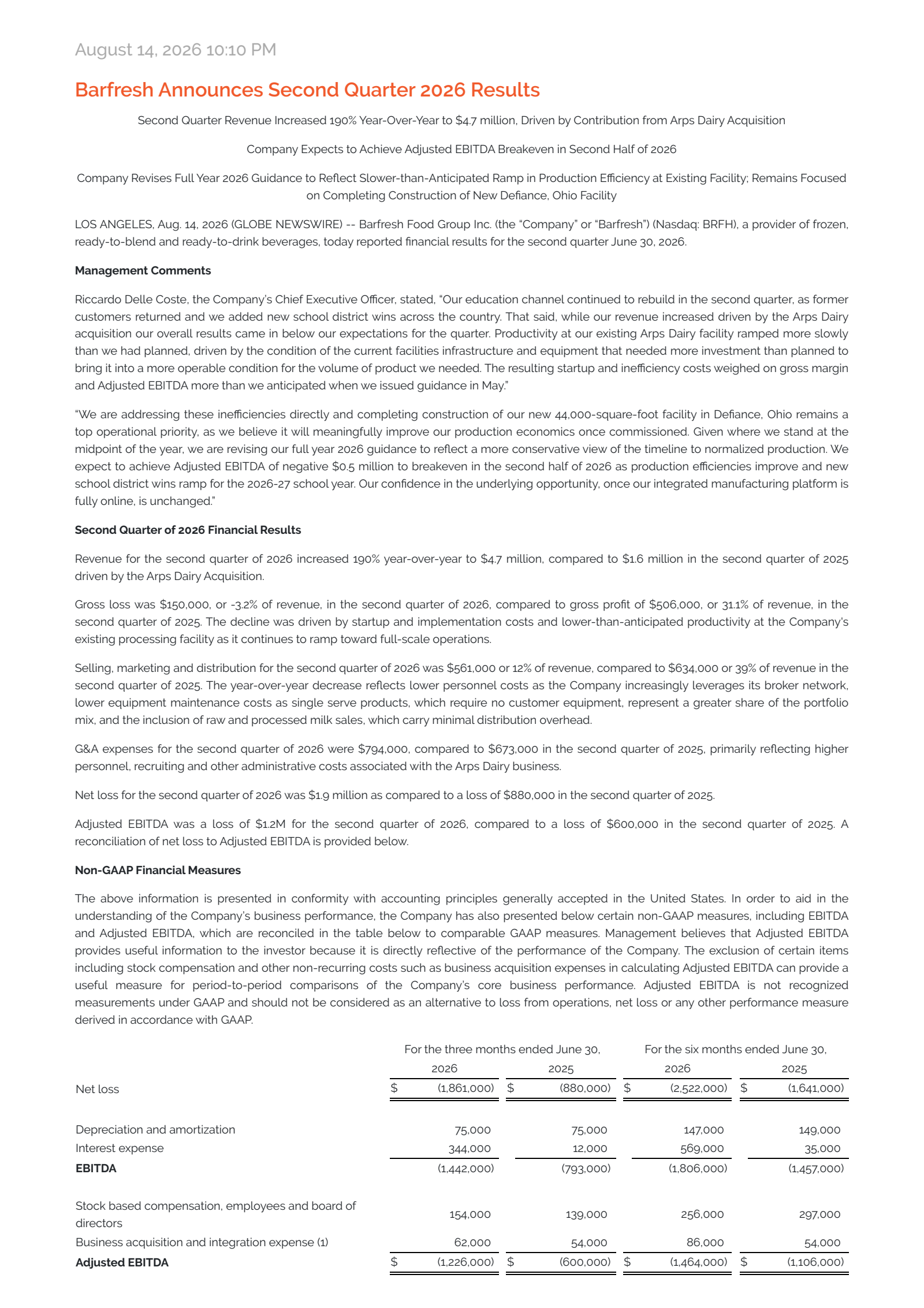 Barfresh Food Group's Q2 2026 Press Release