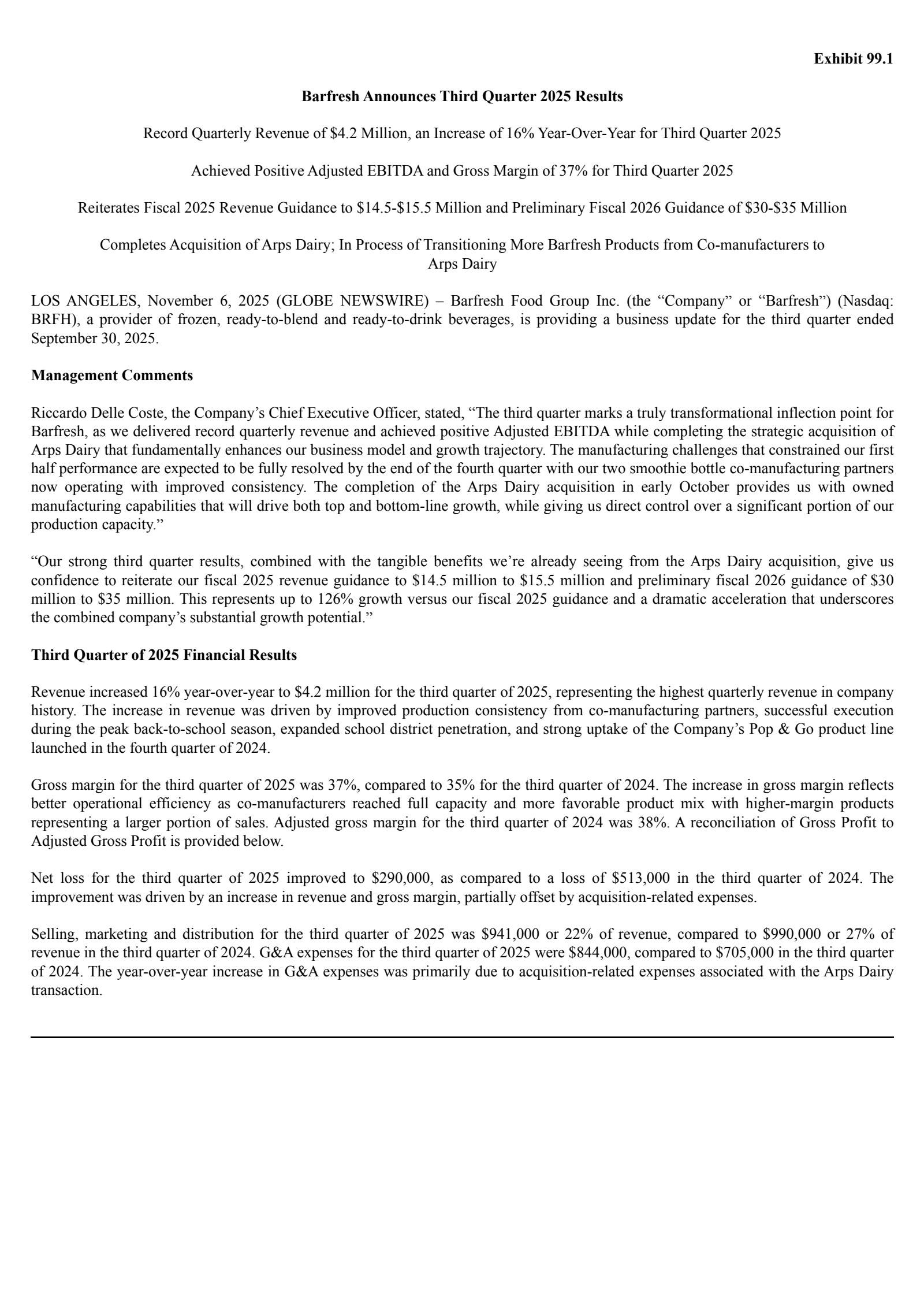 Barfresh Food Group's Q3 2025 Earnings Release