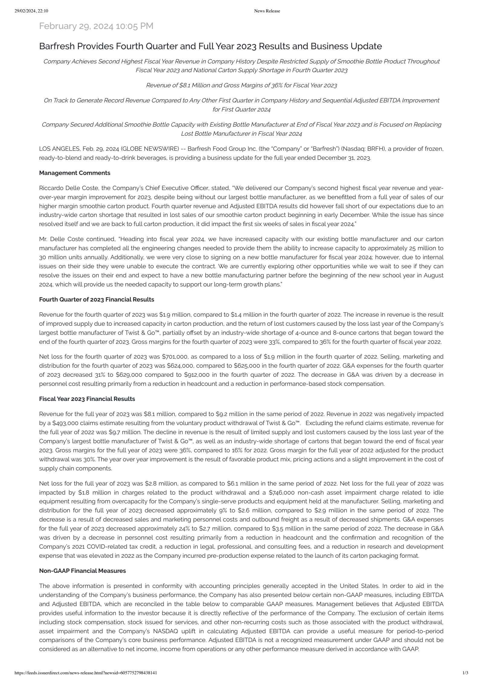 Barfresh Food Group's Q4 2023 Press Release