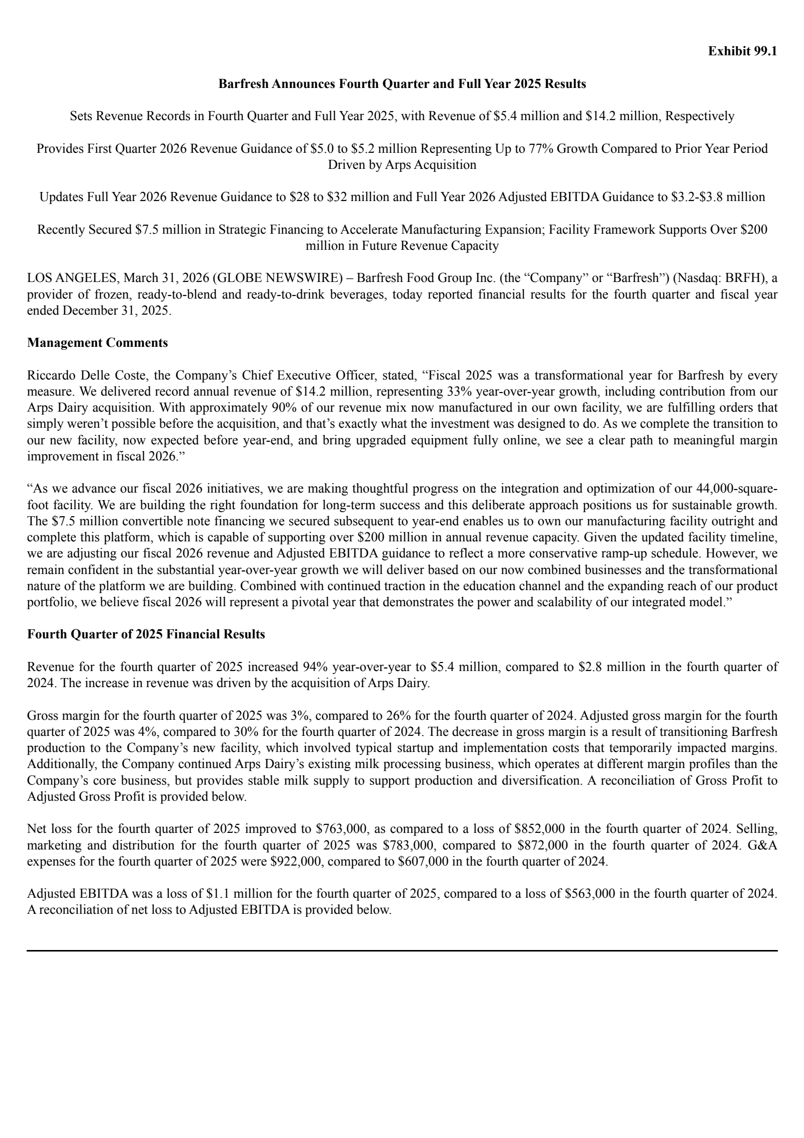 Barfresh Food Group's Q4 2025 Press Release
