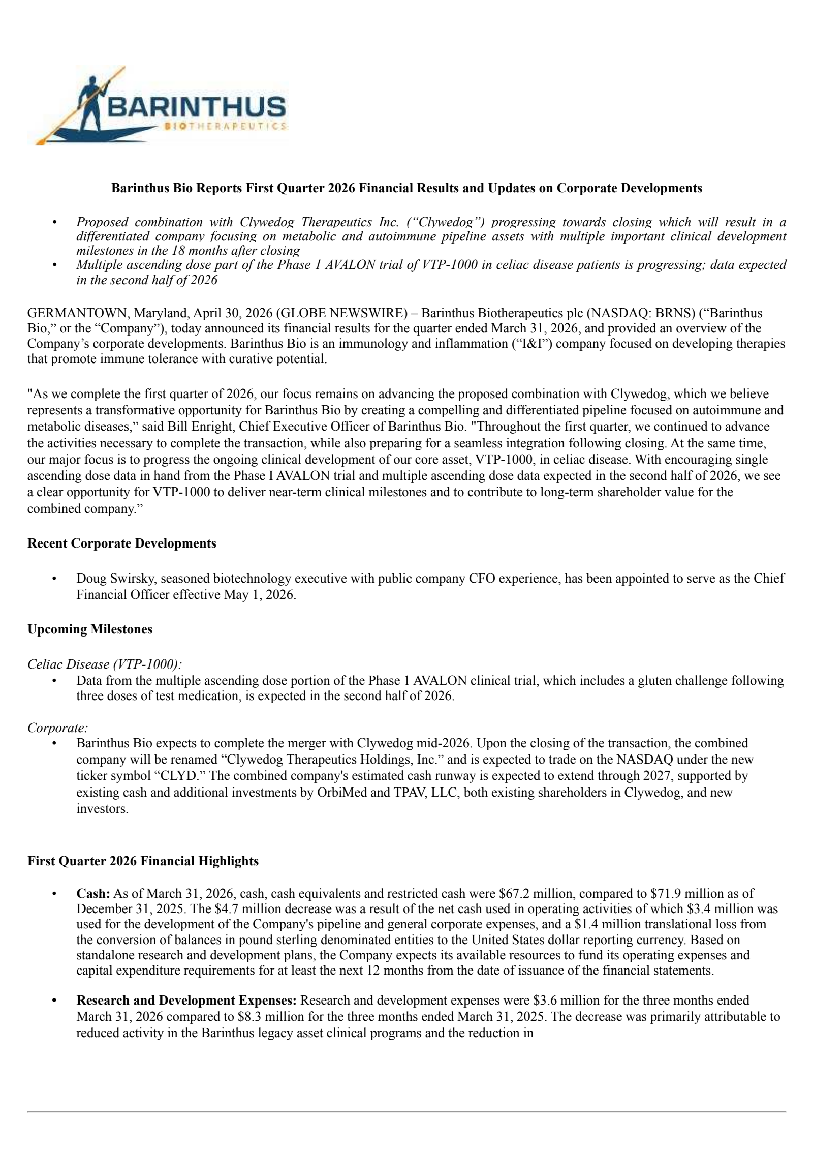 Barinthus Biotherapeutics' Q1 2026 Press Release