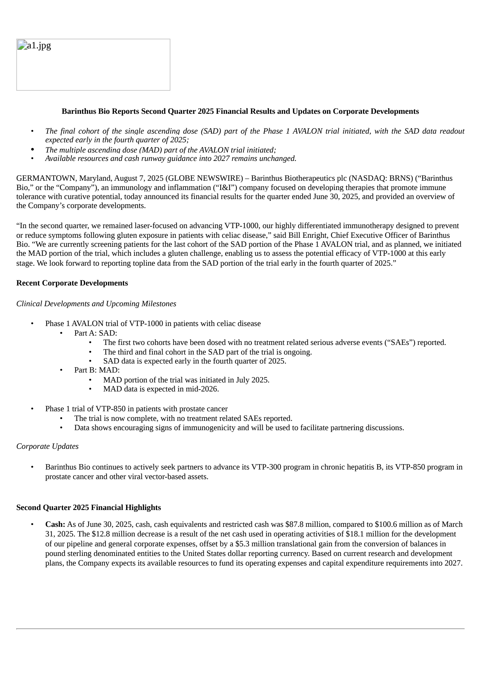 Barinthus Biotherapeutics' Q2 2025 Press Release