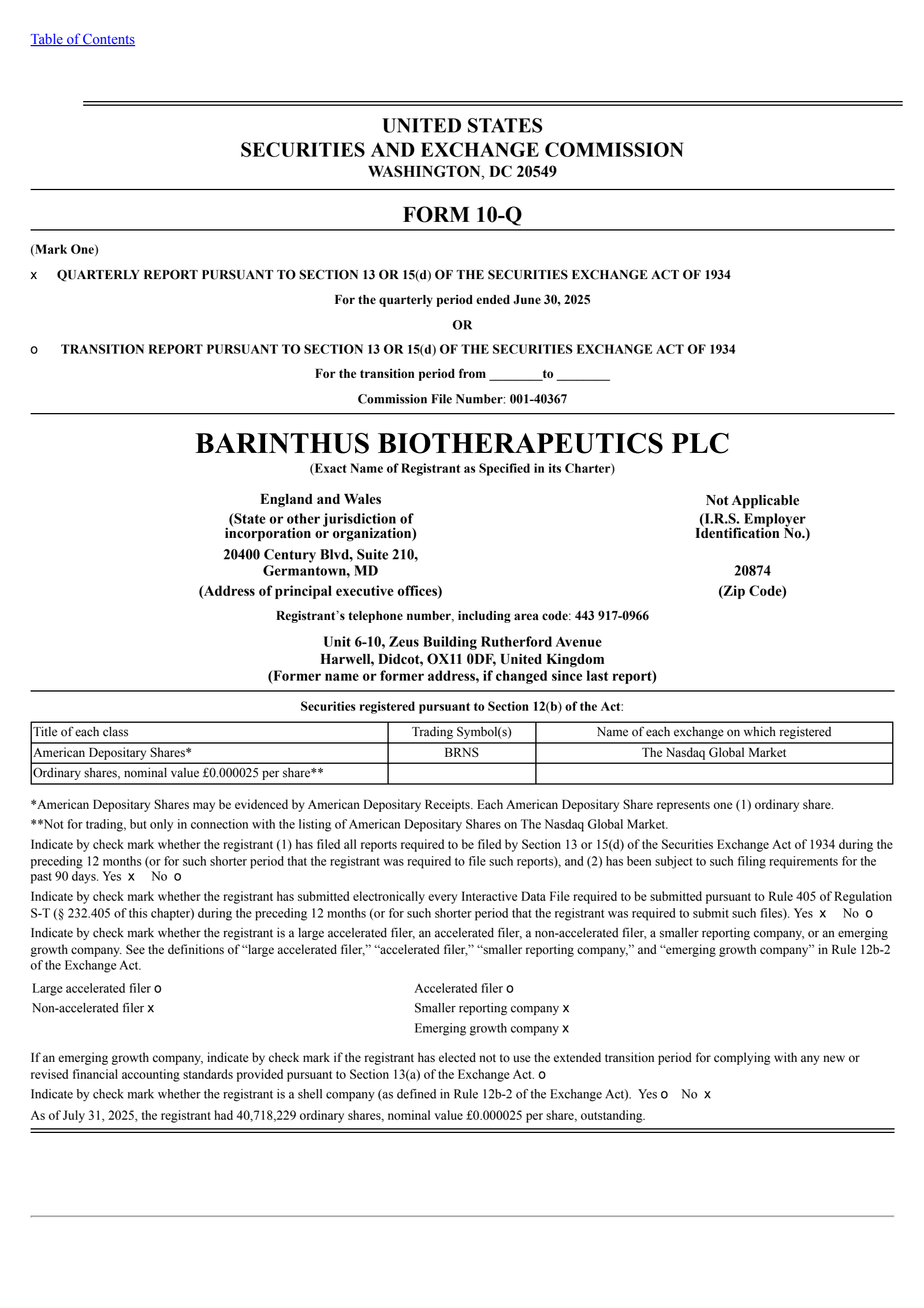 Barinthus Biotherapeutics' Q2 2025 Quarterly report