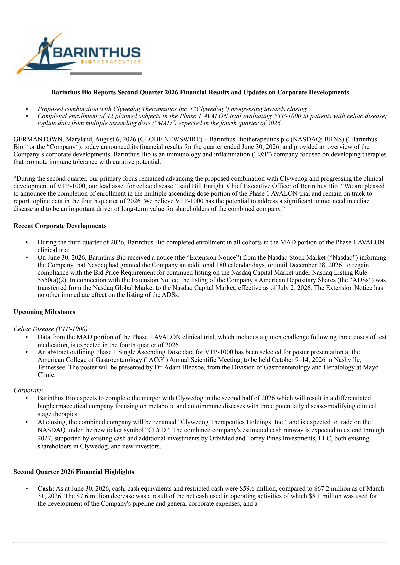 Barinthus Biotherapeutics' Q2 2026 Press Release