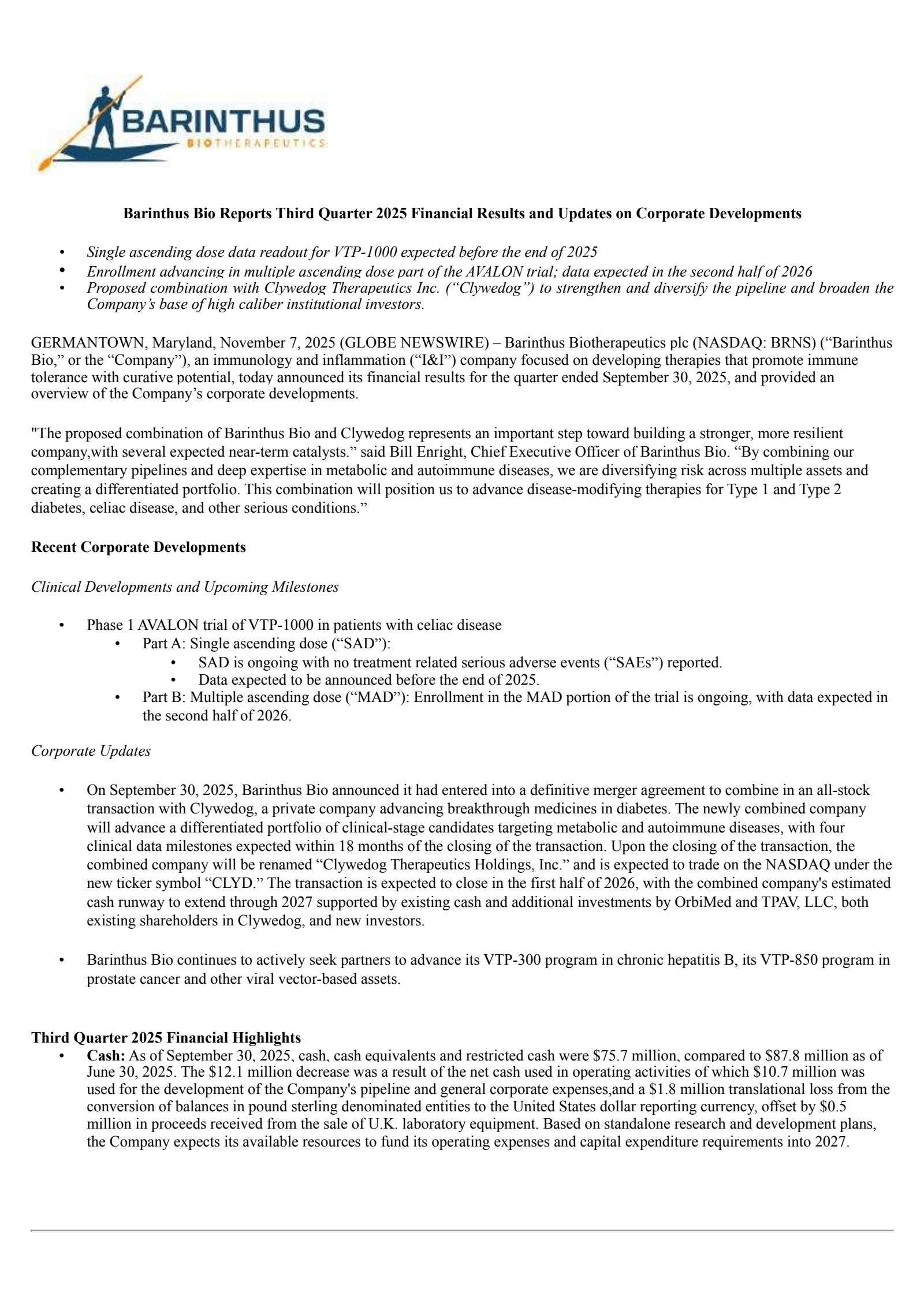 Barinthus Biotherapeutics' Q3 2025 Earnings Release