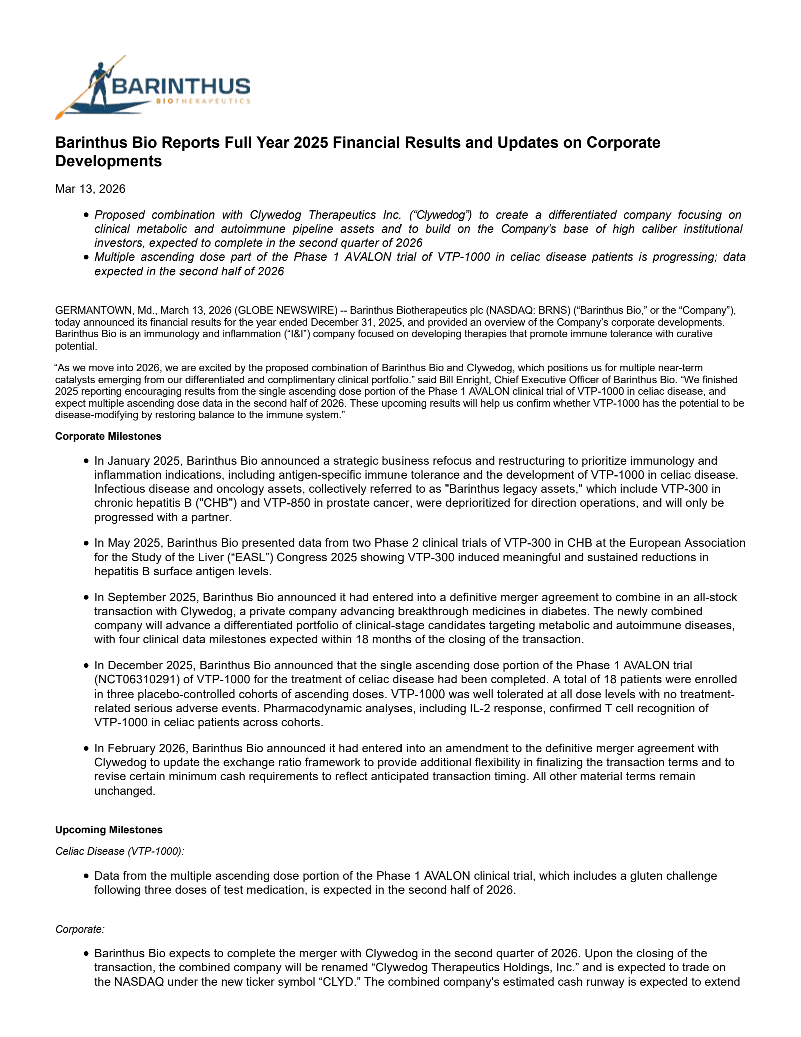 Barinthus Biotherapeutics' Q4 2025 Press Release