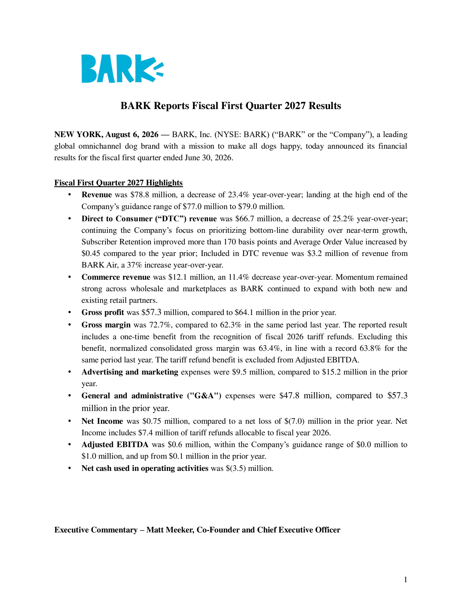 BARK's Q1 2027 Press Release