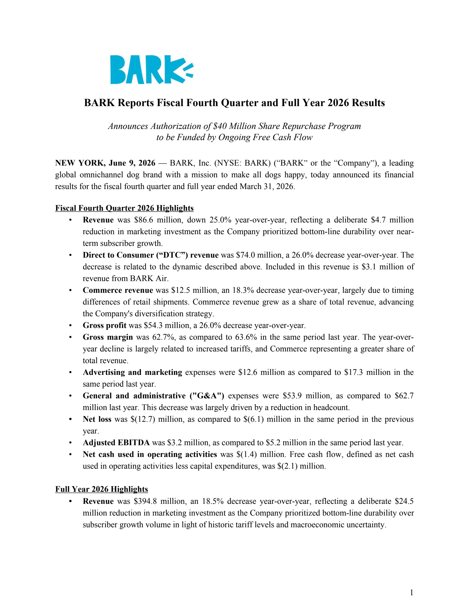 BARK's Q4 2026 Press Release