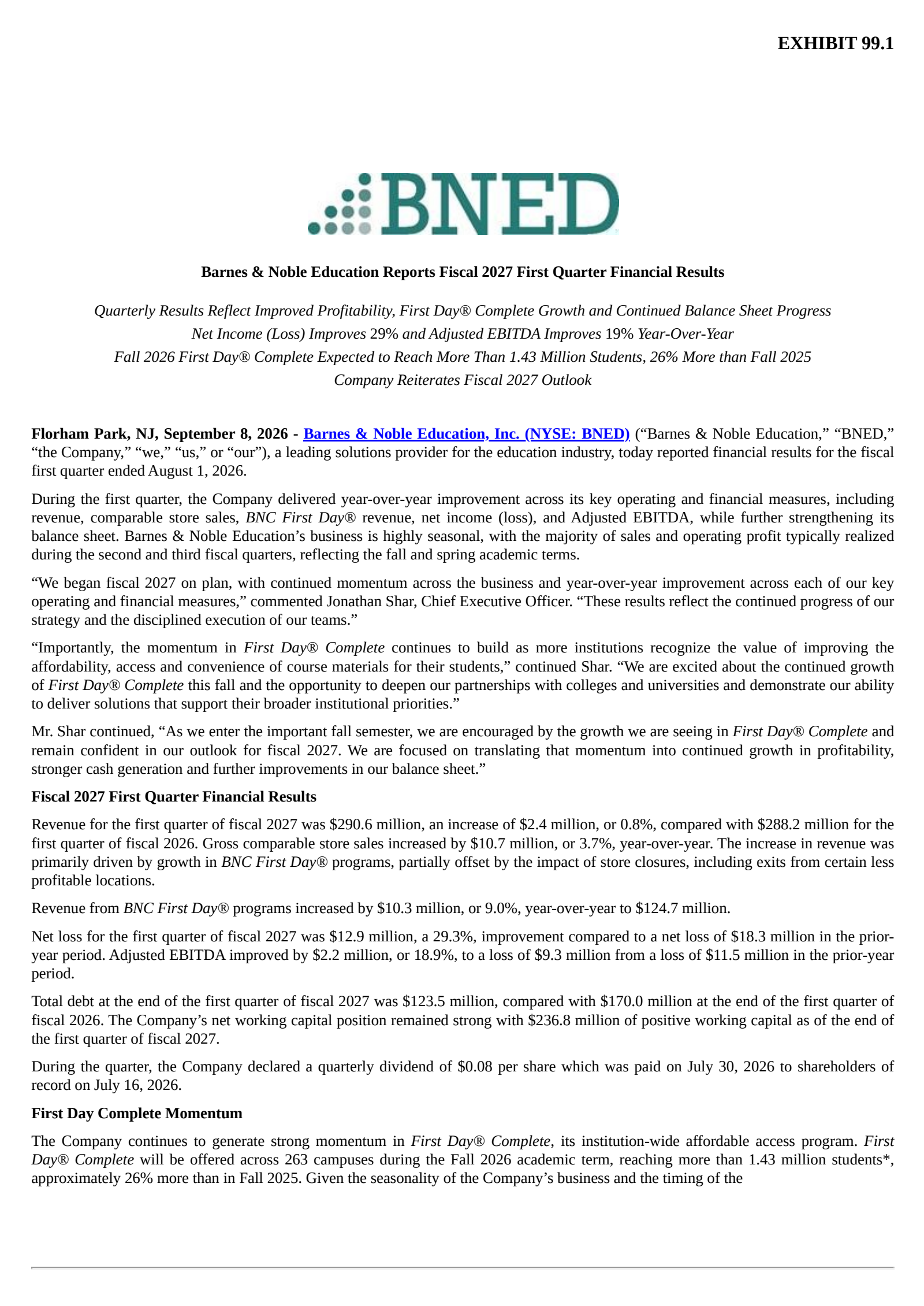 Barnes & Noble Education's Q1 2027 Press Release
