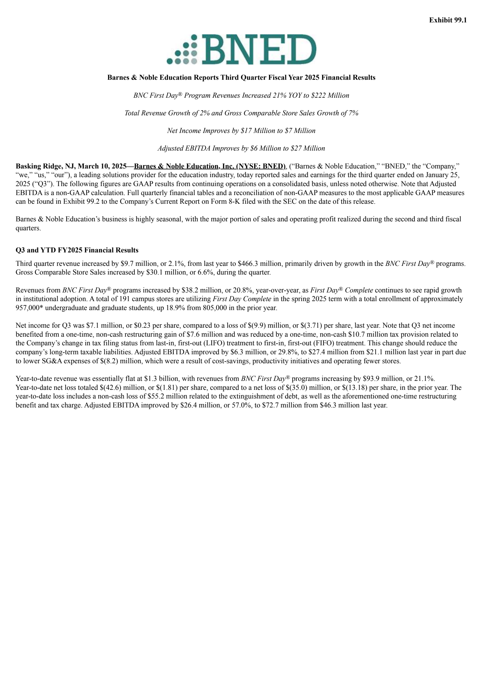 Barnes & Noble Education's Q3 2025 Press Release